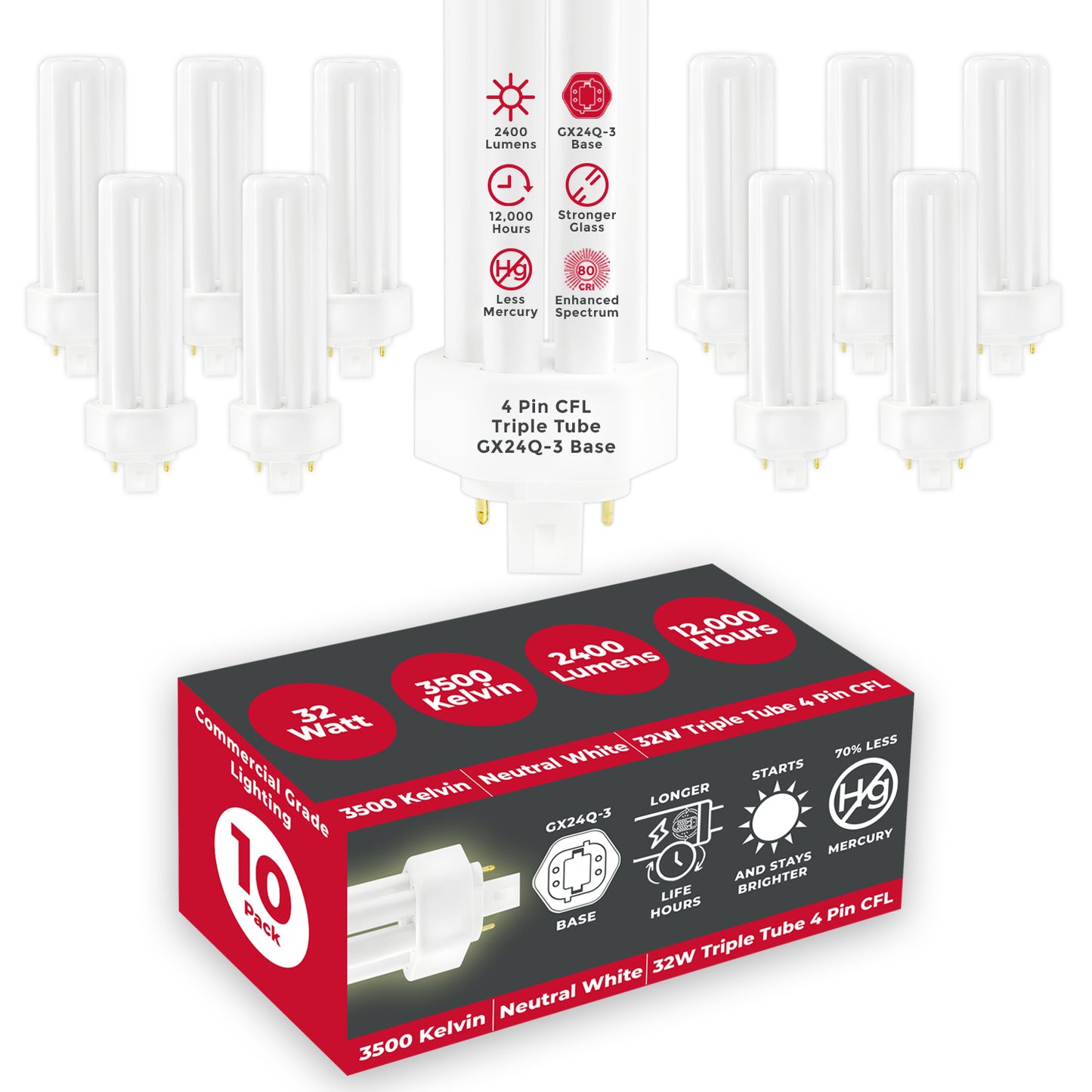 32 Watt CFL Light Bulbs - 4 Pin GX24Q-3 Base - 3500K Neutral White - 32W 2400 Lumens  - Triple Tube Compact Fluorescent Light Bulbs Plug-in