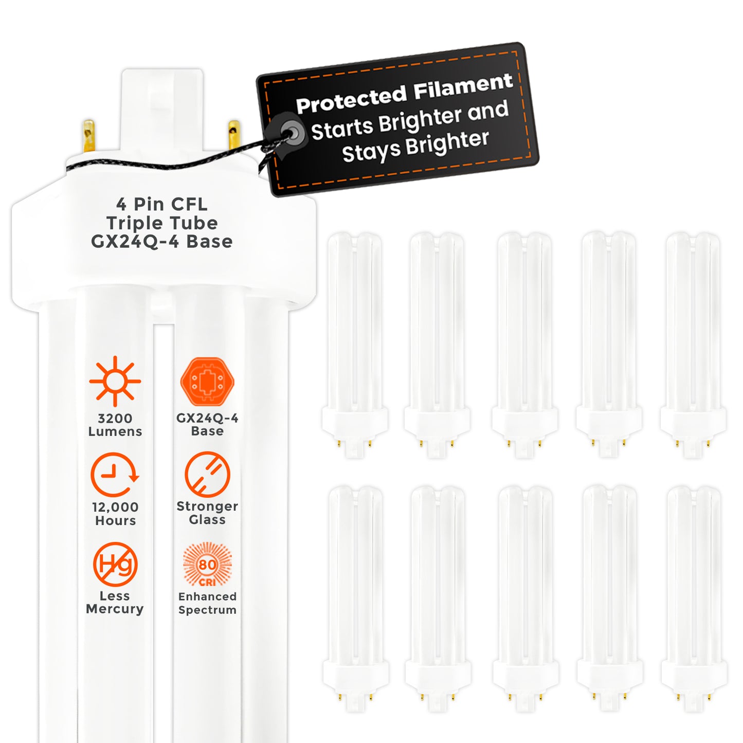 CF42W/830/TT/4P 42W Triple Tube Compact Fluorescent Plug-In Light Bulb with G24q-4 base – 3000K Warm White