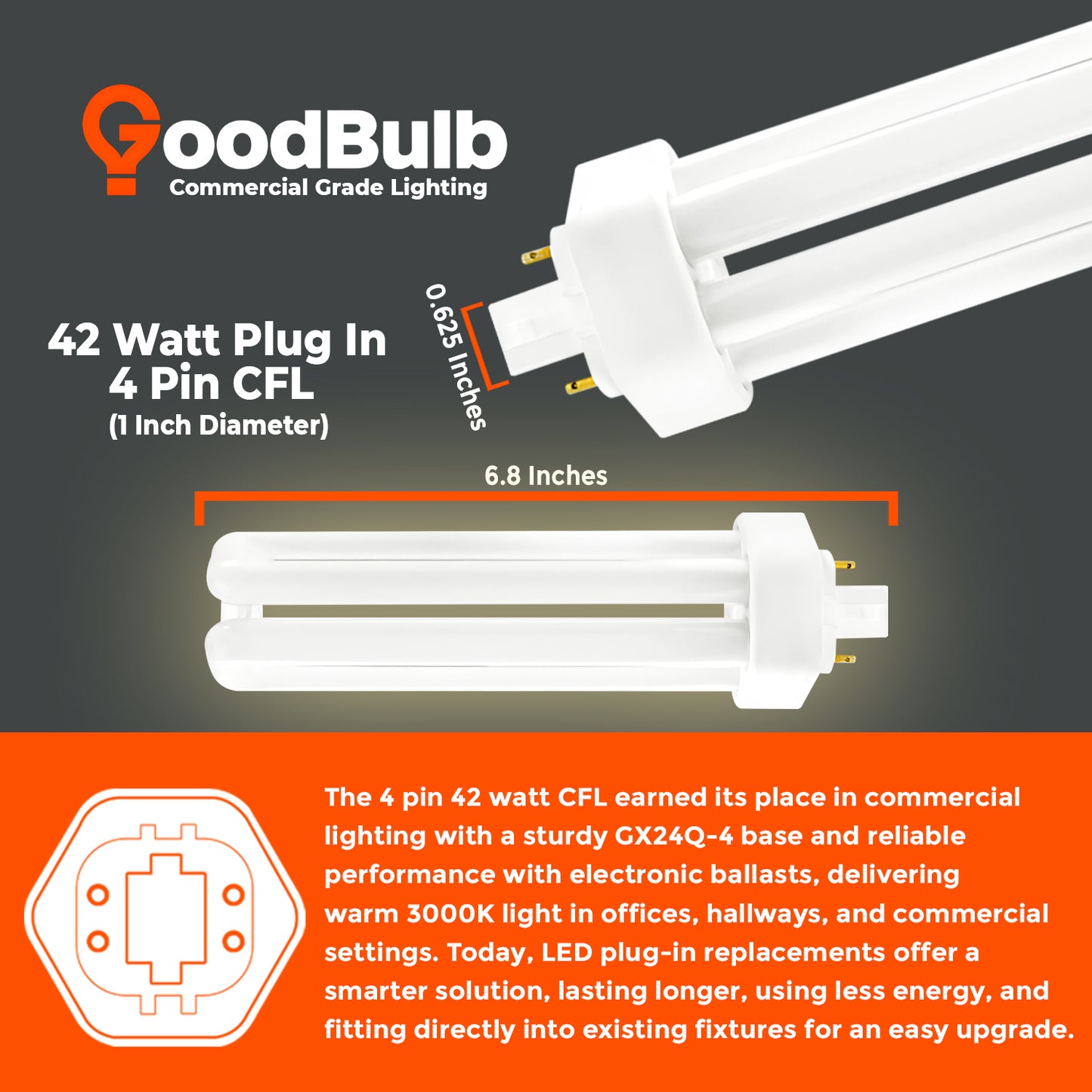 Size and dimensions diagram of CF42W/830/TT/4P 42W triple tube CFL plug-in light bulb with 4-pin G24q-4 base