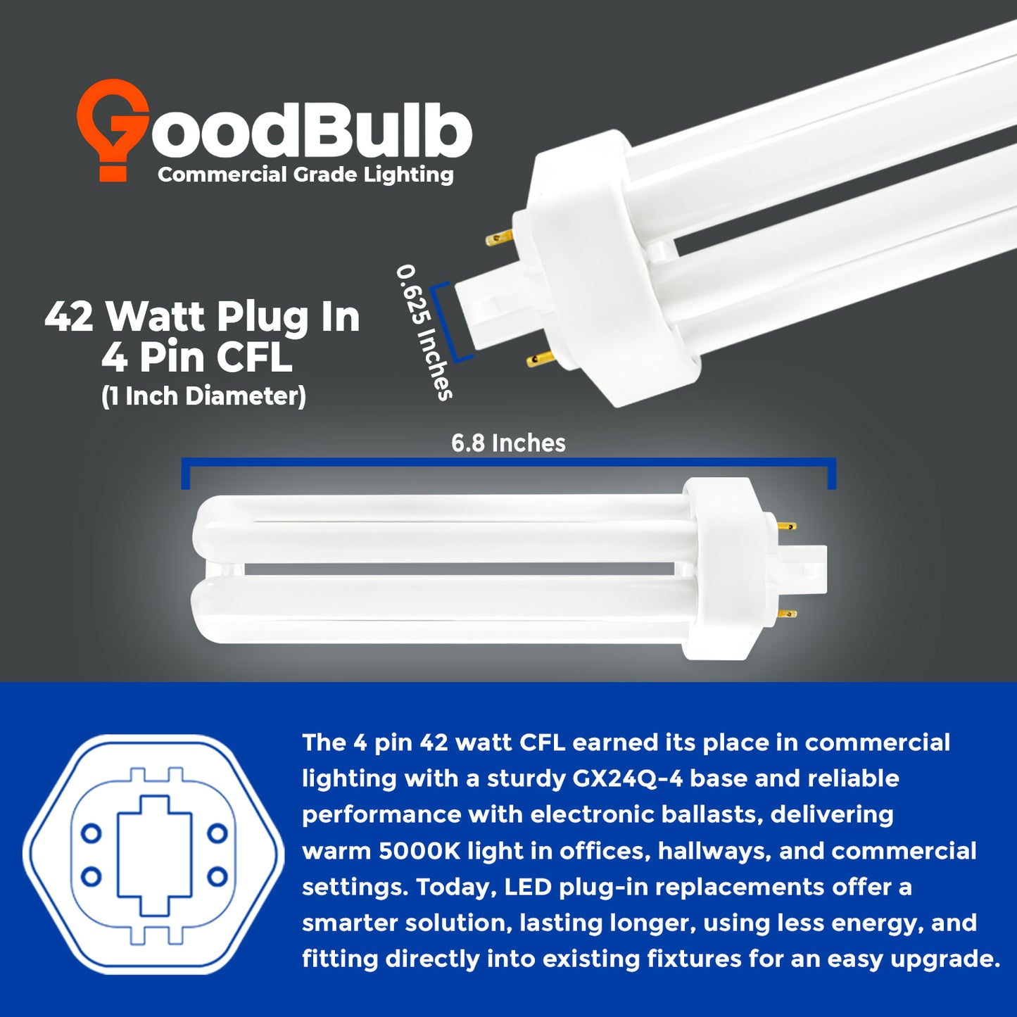 Dimensions diagram of CF42W/850/TT/4P 42W triple tube compact fluorescent plug-in bulb with 4-pin G24q-4 base