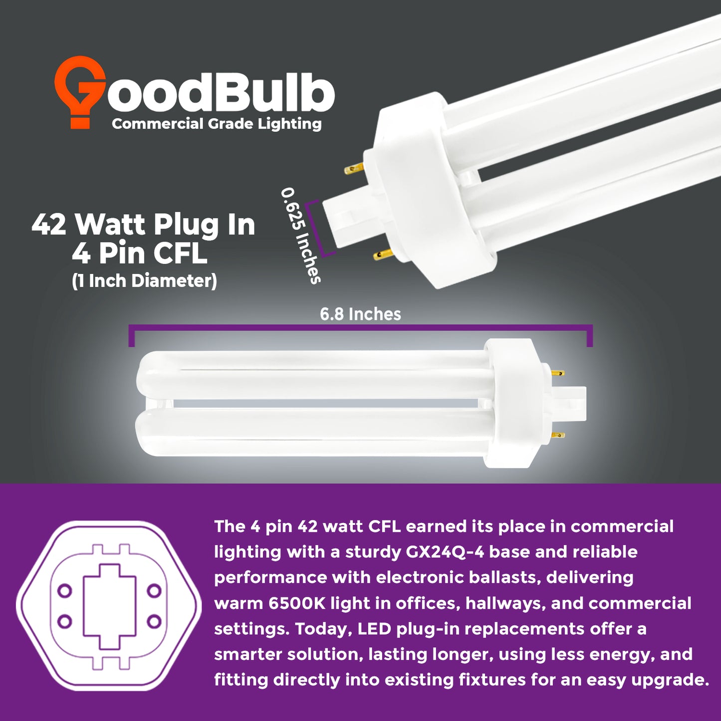 Dimensions diagram of CF42W/865/TT/4P 42W triple tube compact fluorescent plug-in bulb with 4-pin G24q-4 base