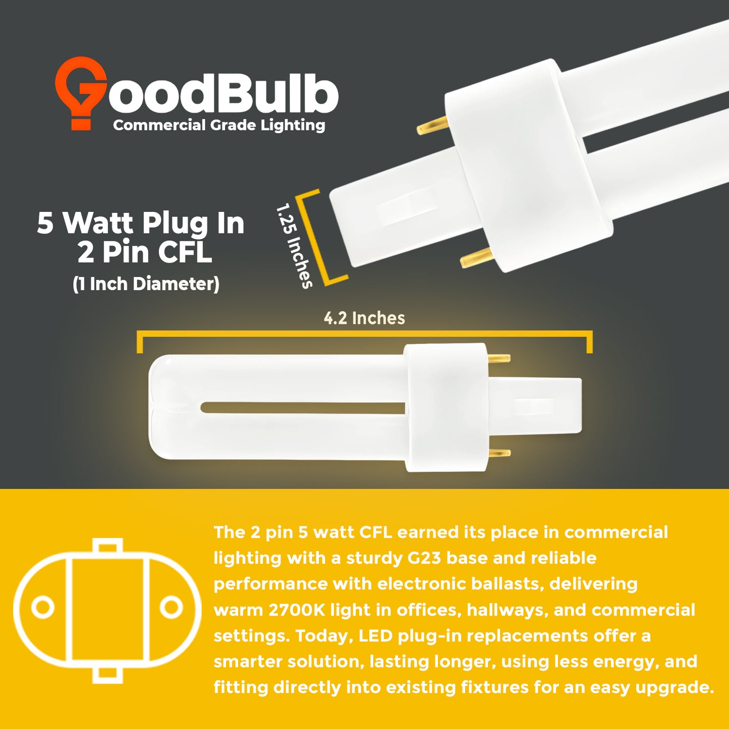 CF5W 5W Compact Fluorescent Light Bulb with G23 2-Pin Base – Dimensions and Size Chart