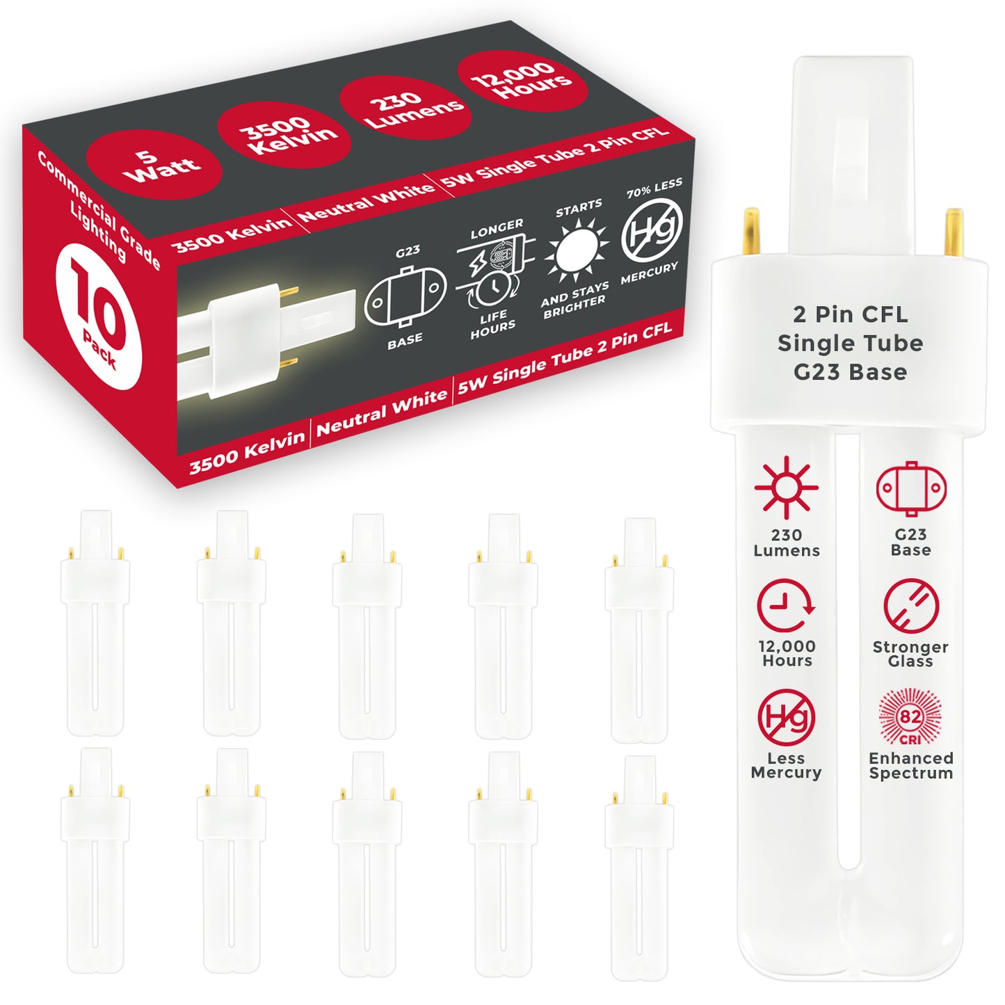 CF5W/835/ST/2P 5-Watt Compact Fluorescent Lamp – G23 2-Pin Base – 3500K Neutral White