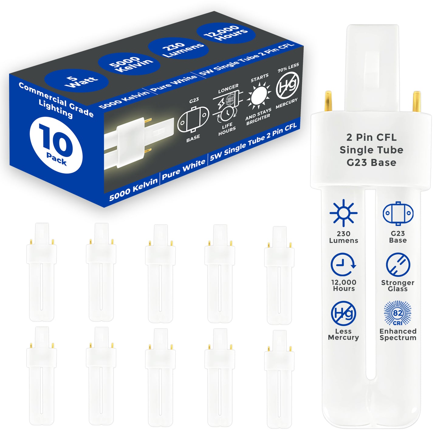 CF5W/850/ST/2P 5-Watt Compact Fluorescent Lamp – G23 2-Pin Base – 5000K Pure White