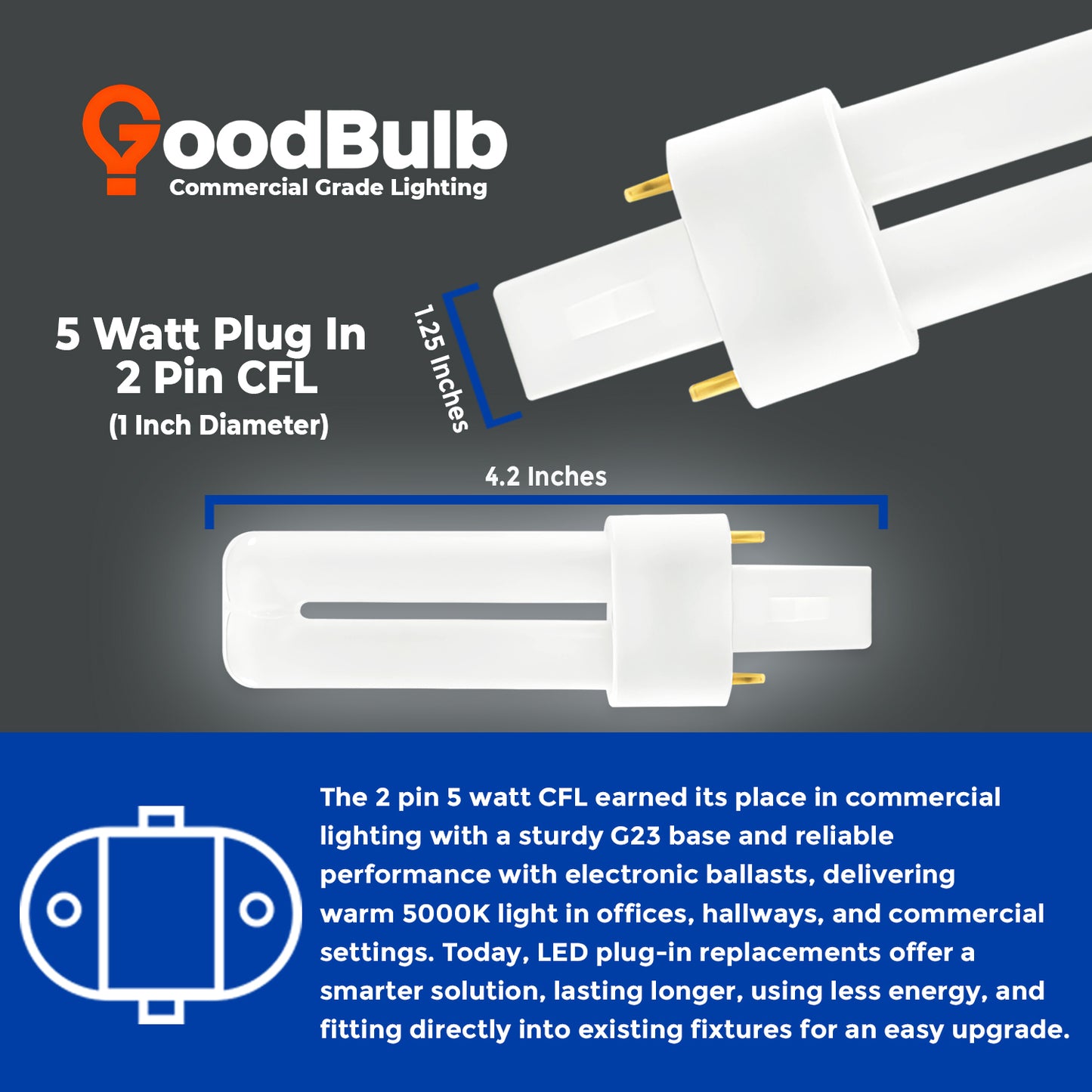CF5W/850/ST/2P Compact Fluorescent Lamp size dimensions chart 5W 230 lumens G23 base