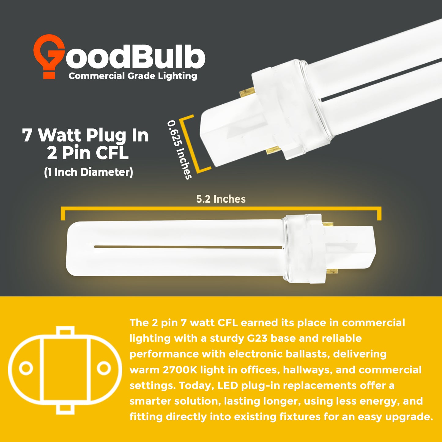 CF7W/827/ST/2P 7W CFL Plug-In bulb with G23 base – compact size dimensions for fixtures
