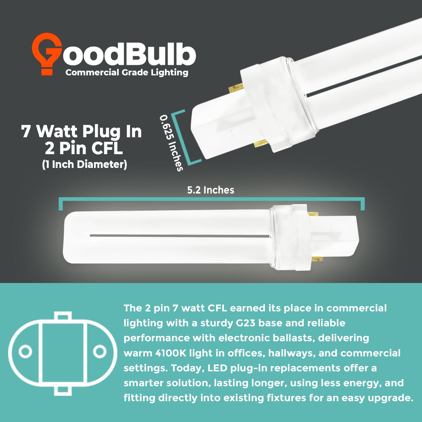 CF7W/841 7W CFL Plug-In Light Bulb with G23 2-Pin Base size and dimensions