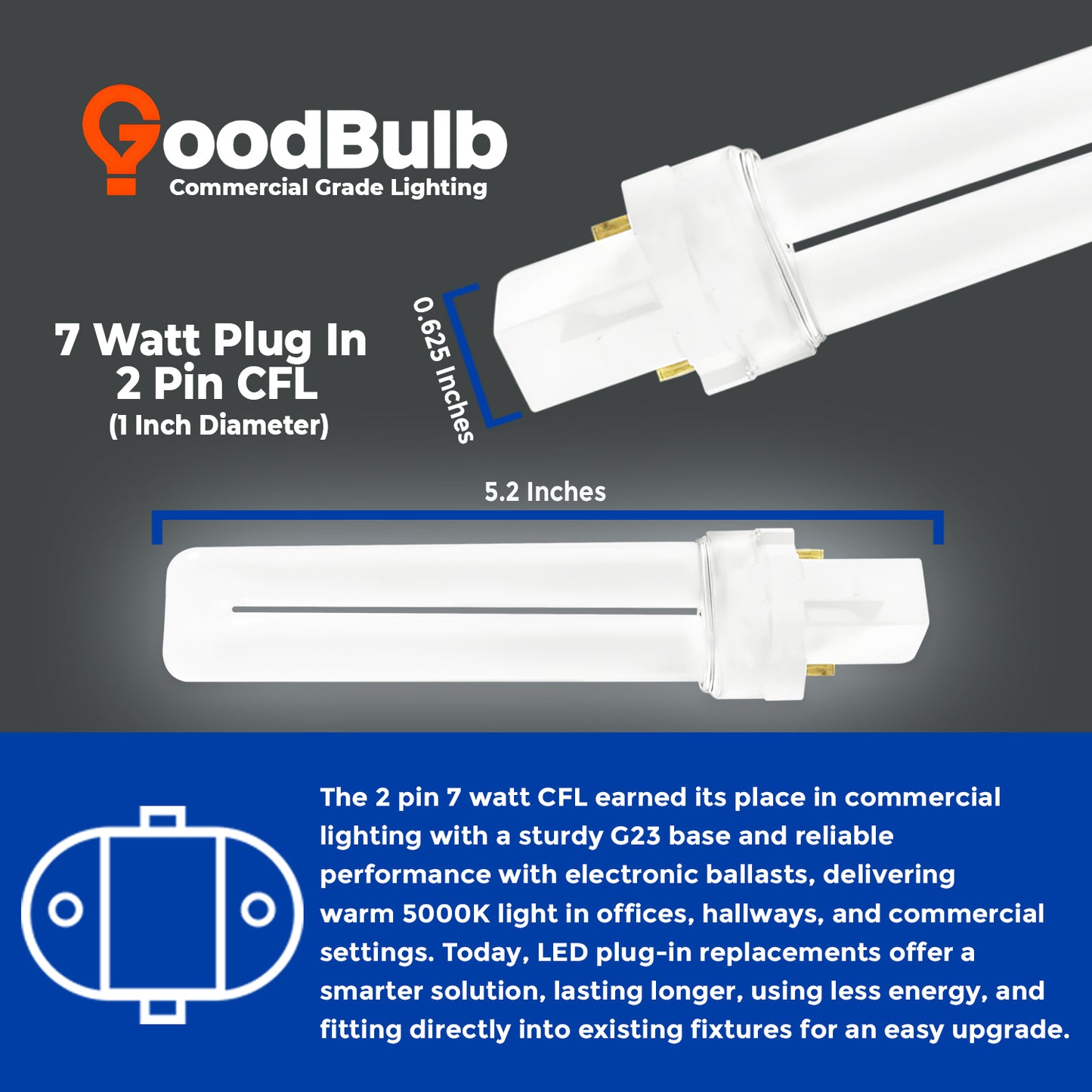 CF7W/850 7W Compact Fluorescent Lamp with G23 2-Pin Base size and dimensions chart