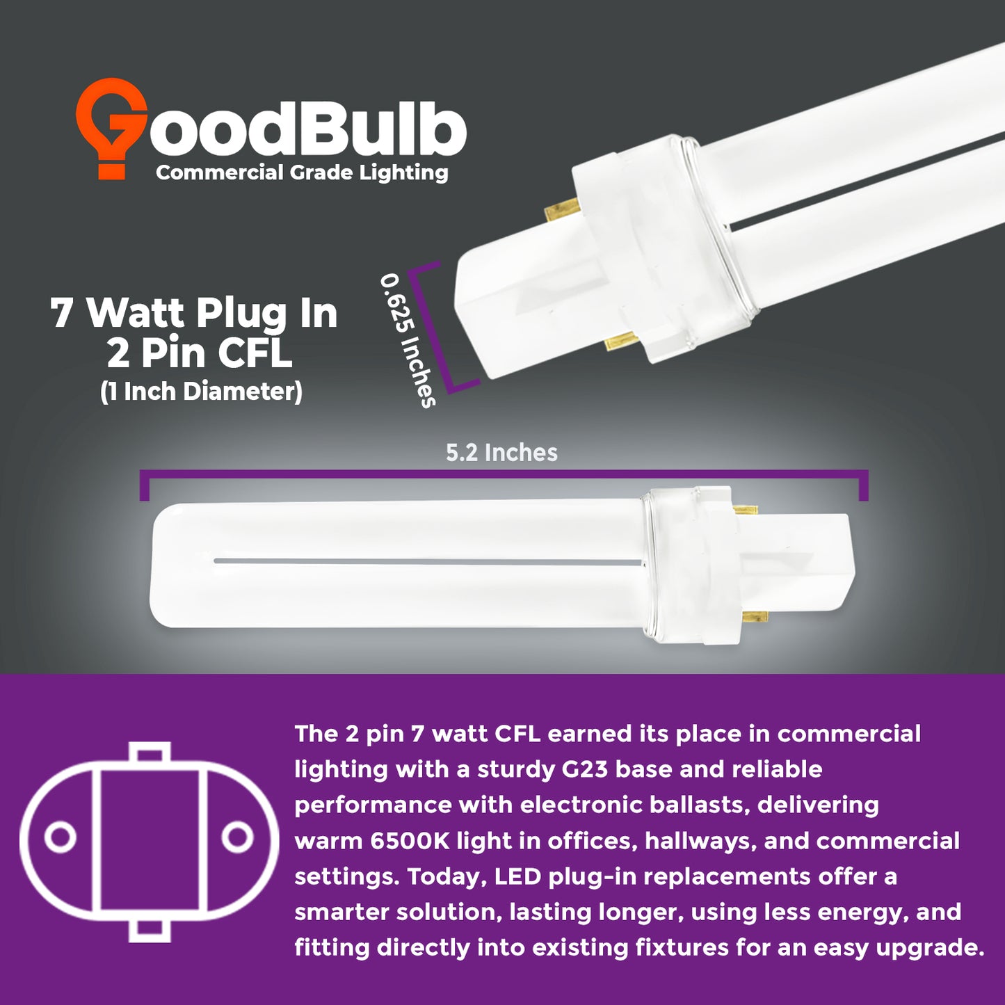 CF7W/865 7W Compact Fluorescent Lamp with G23 2-Pin Base size and bulb dimensions chart