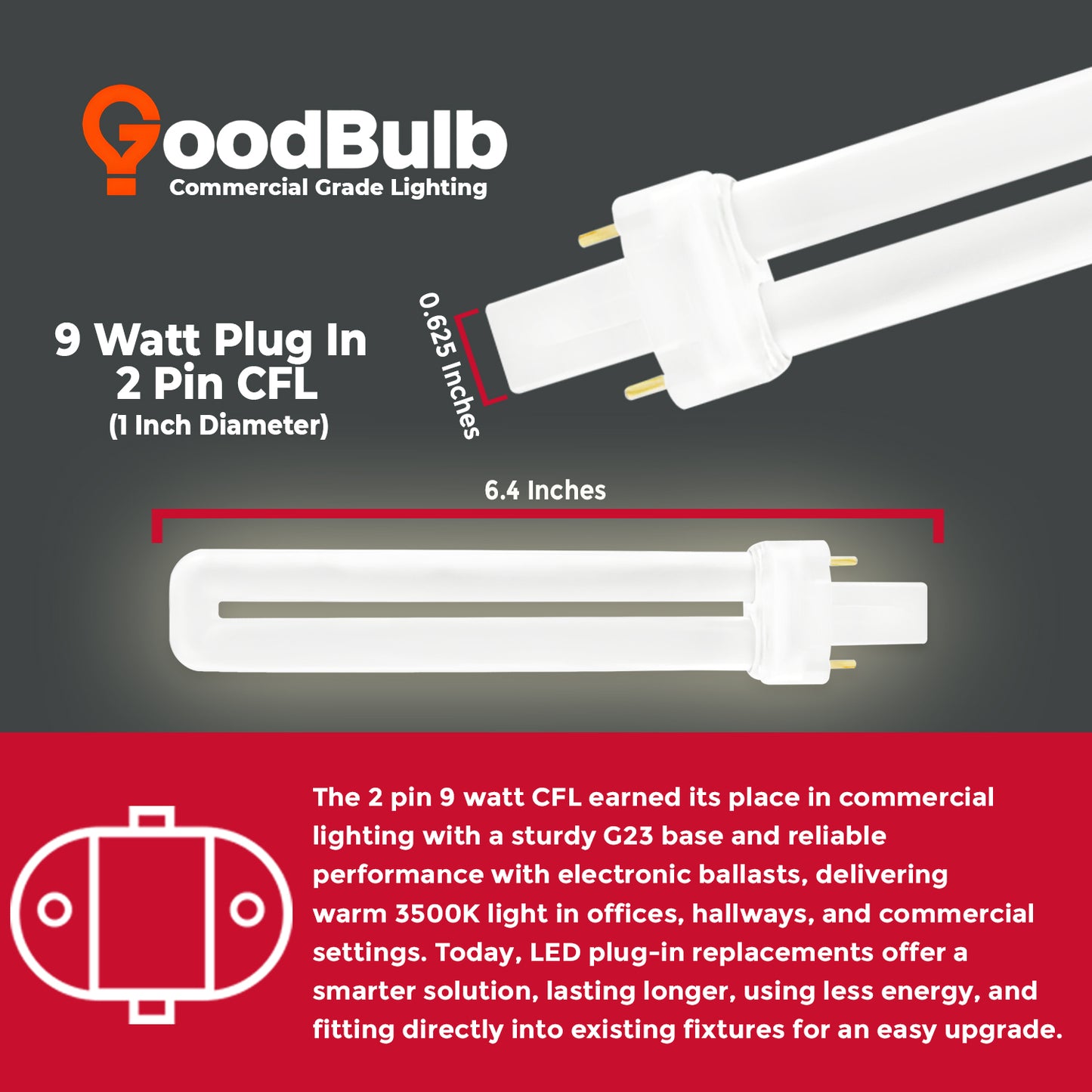 CF9W/835 9W Compact Fluorescent Lamp with G23 2-Pin Base size and bulb dimensions chart
