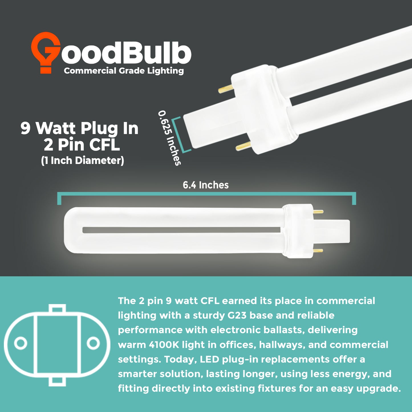 CF9W/841 9W Compact Fluorescent Plug-In Bulb with G23 Base size and lamp dimensions chart