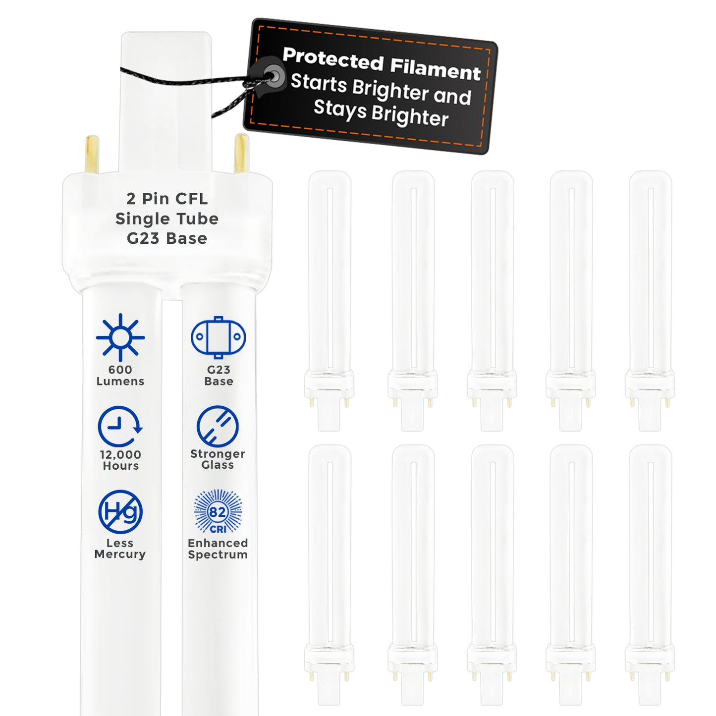CF9W/850/ST/2P Compact Fluorescent Lamp 9W CFL Plug-In Bulb 5000K Pure White G23 Base
