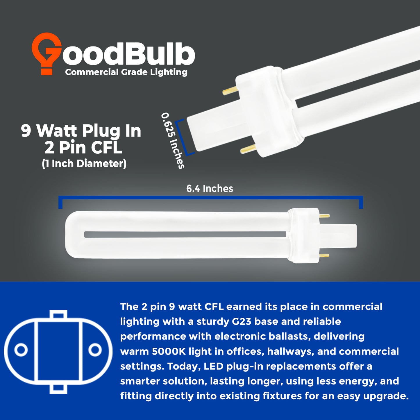 CF9W/850 9W Compact Fluorescent Plug-In Bulb with G23 Base size and lamp dimensions chart