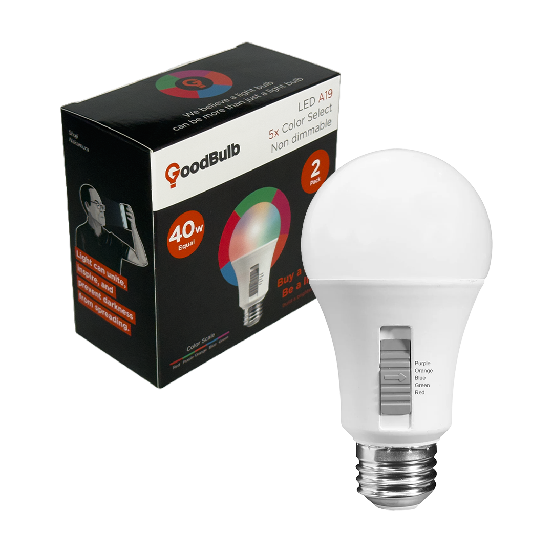 40 Watt EQUAL - 6 WATT A19 LED - E26 BASE - OPEN & ENCLOSED RATED - COLOR SELECT - Purple - Orange - Blue - Green - Red