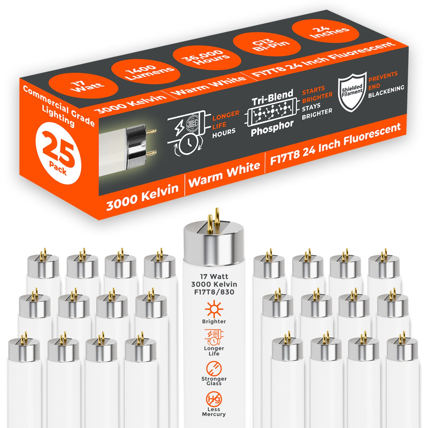 F17T8/830 - 17 Watt 24 Inch T8 Fluorescent Light Bulb - 3000K Warm White - 1400 Lumen - 36000 Hours