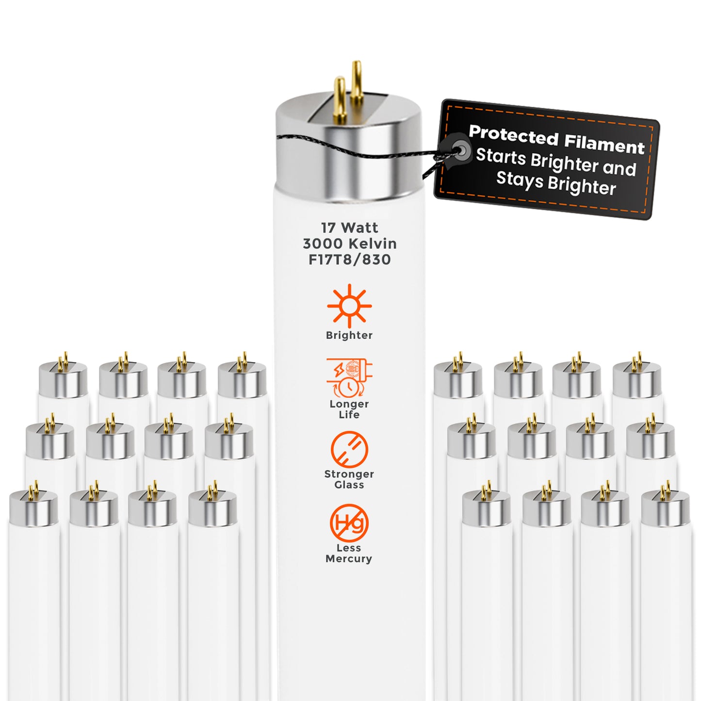 F17T8/830 T8 Fluorescent Light Bulb – 17W 3000K Warm White 24-inch Linear Tube