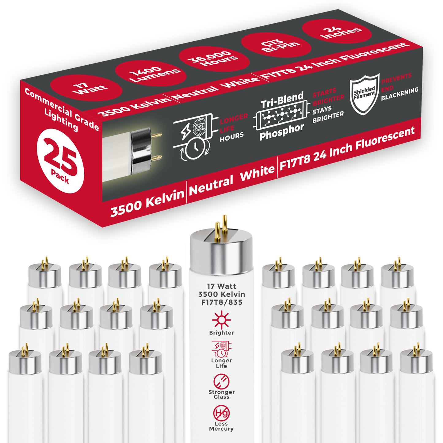 F17T8/835 - 17 Watt 24 Inch T8 Fluorescent Light Bulb - 3500K Neutral White - 1400 Lumen - 36000 Hours
