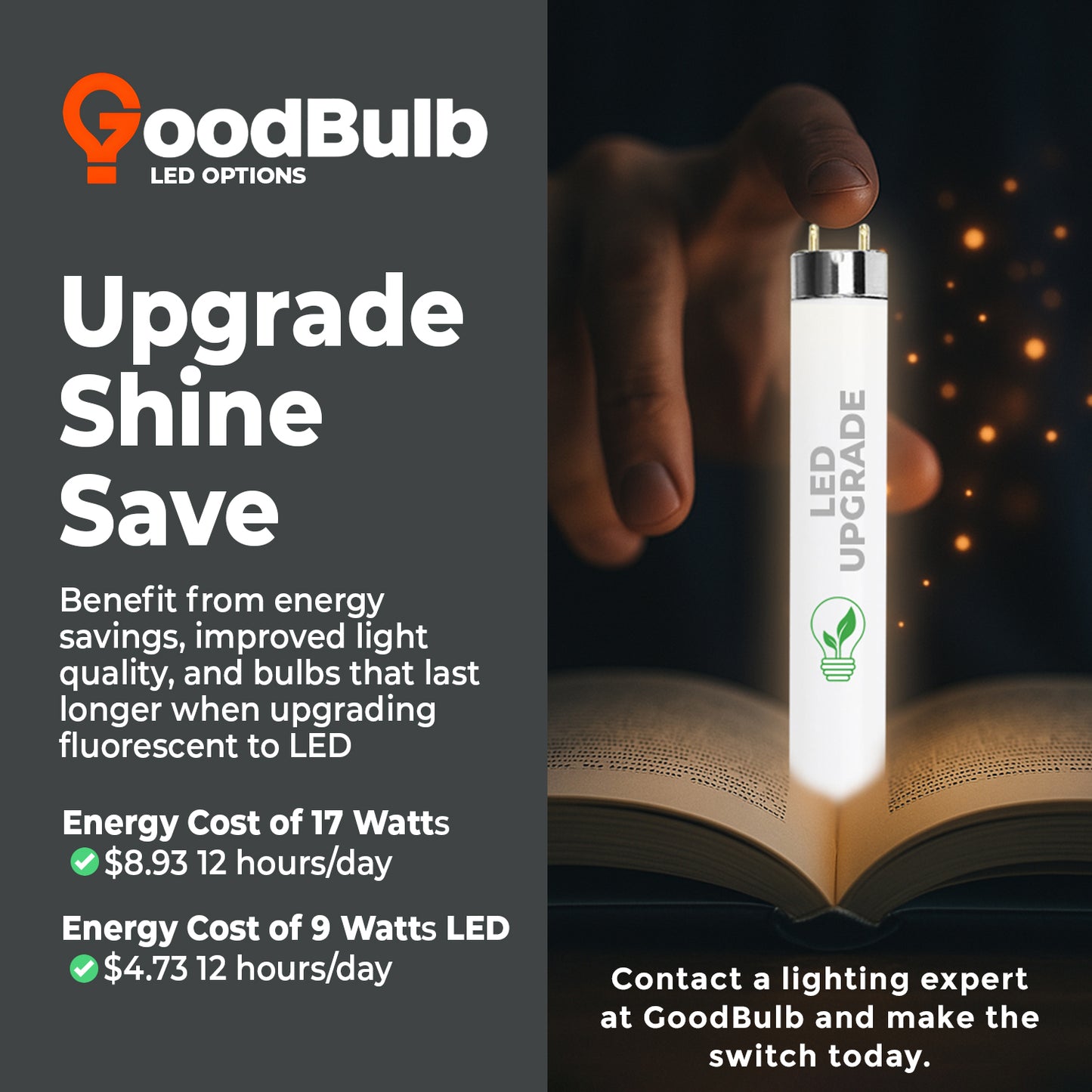 F17T8/850 daylight fluorescent bulb compared with LED retrofit upgrade options
