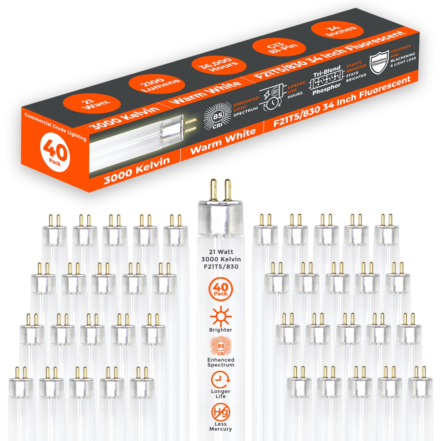 F21T5/830 - 21 Watt 34 Inch T5 Fluorescent Light Bulb - 3000K Warm