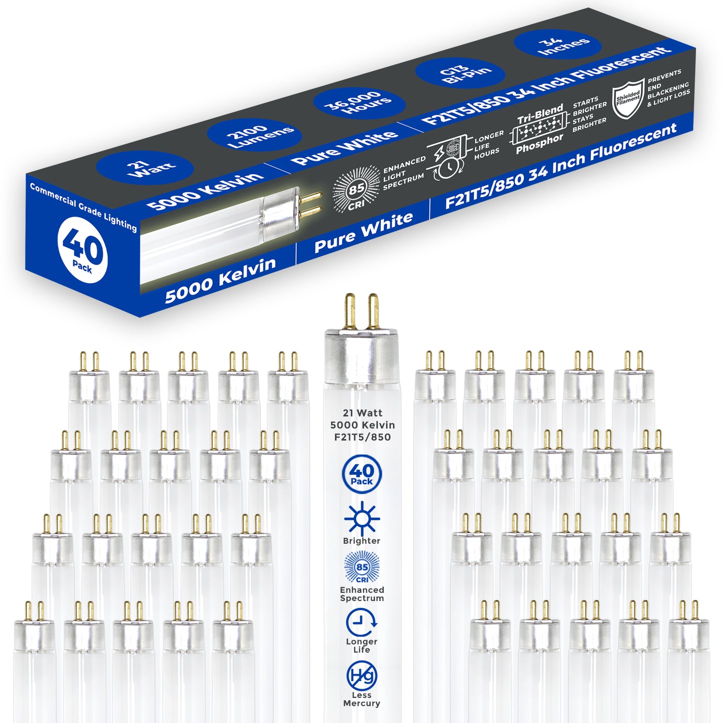 F21T5/850 - 21 Watt 34 Inch T5 Fluorescent Light Bulb - 5000K Warm White - 2100 Lumens - 36,000 Hours