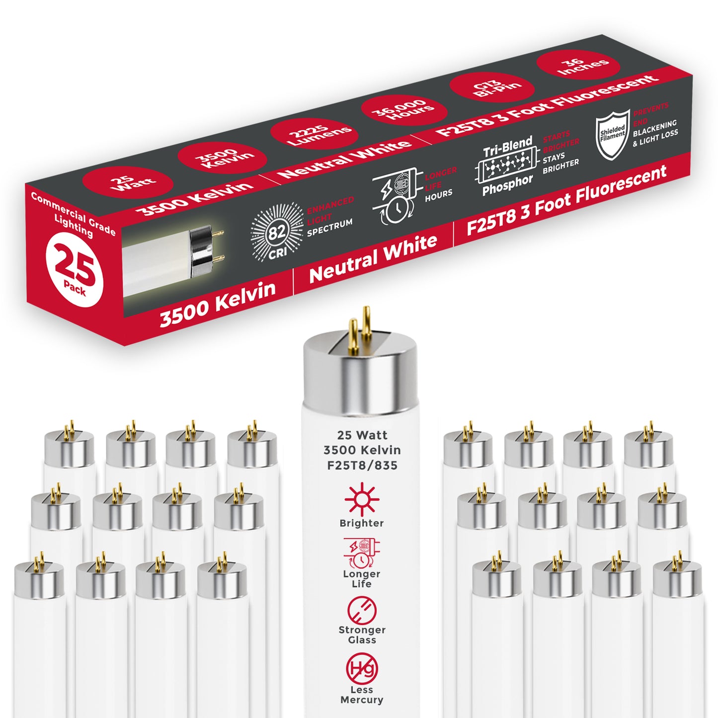F25T8/835 - 25 Watt 36 Inch T8 Flourescent Light Bulb - 3500K Neutral White - 2225 Lumens - 36,000 Hours