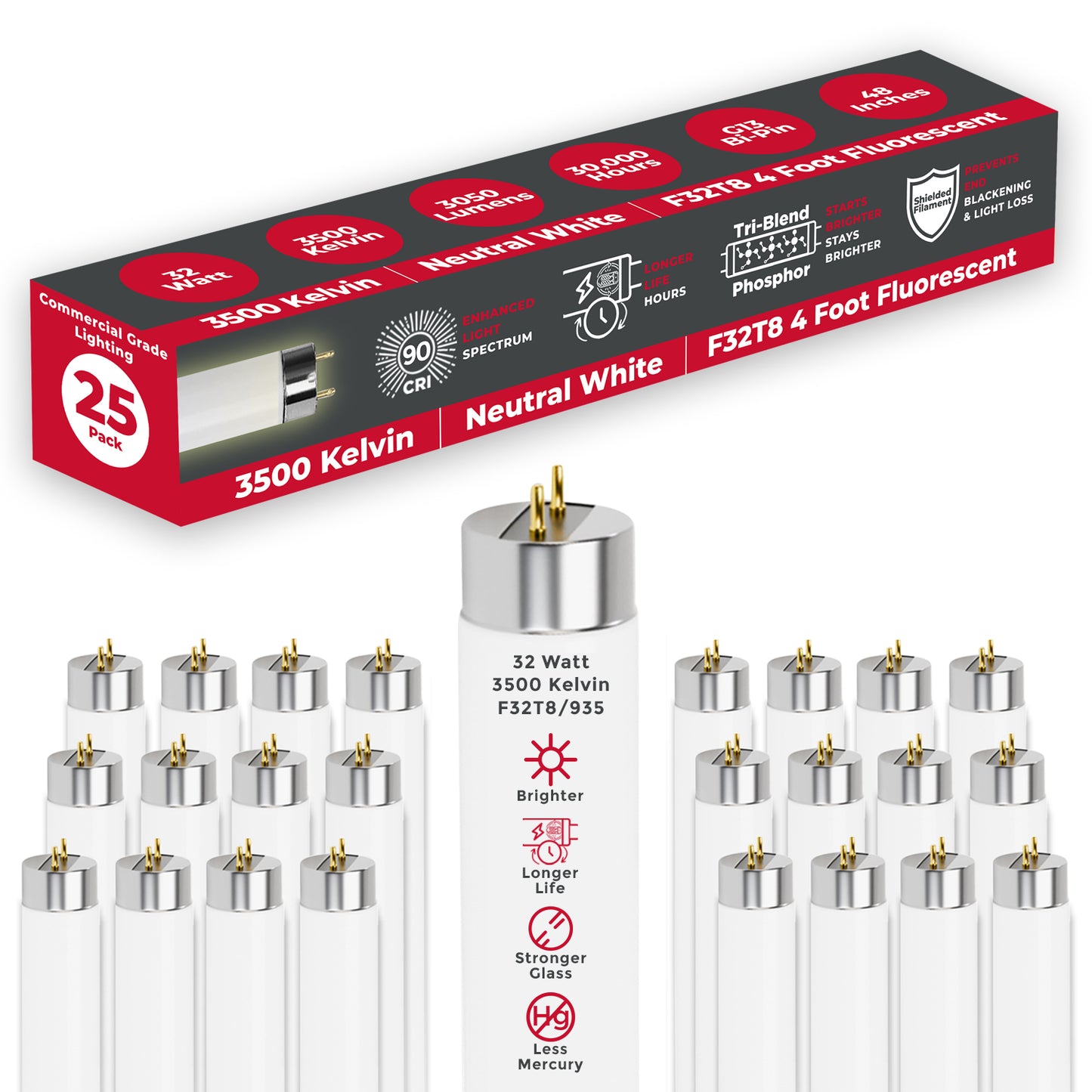 F32T8/935 - 32 Watt 48 Inch T8 Fluorescent Light Bulb - 3500K Neutral White - 3050 Lumens - 24,000 Hours
