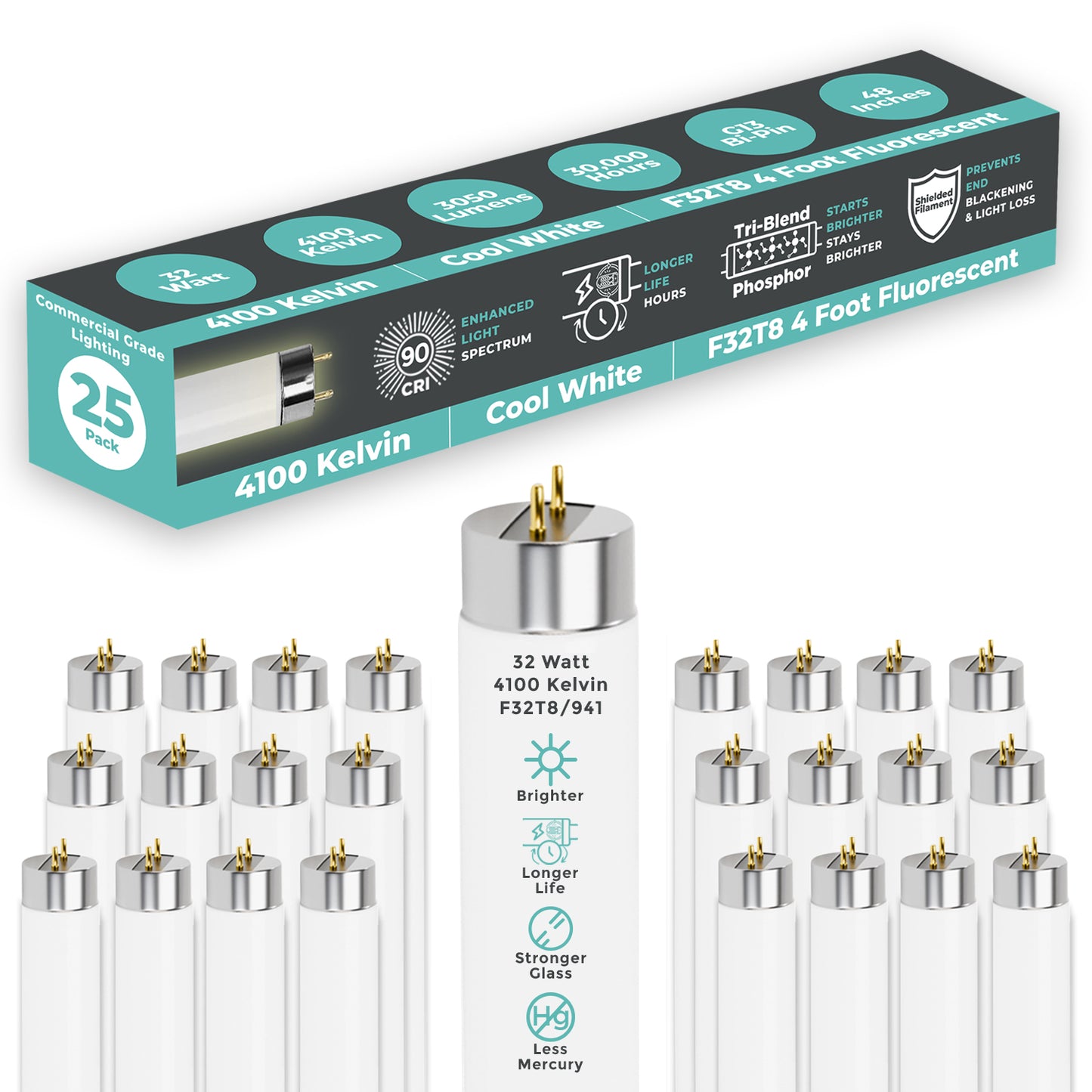 F32T8/941 - 32W 48 Inch T8 Fluorescent Light Bulb - 4100K Cool White - 3050 Lumens - 24,000 Hours