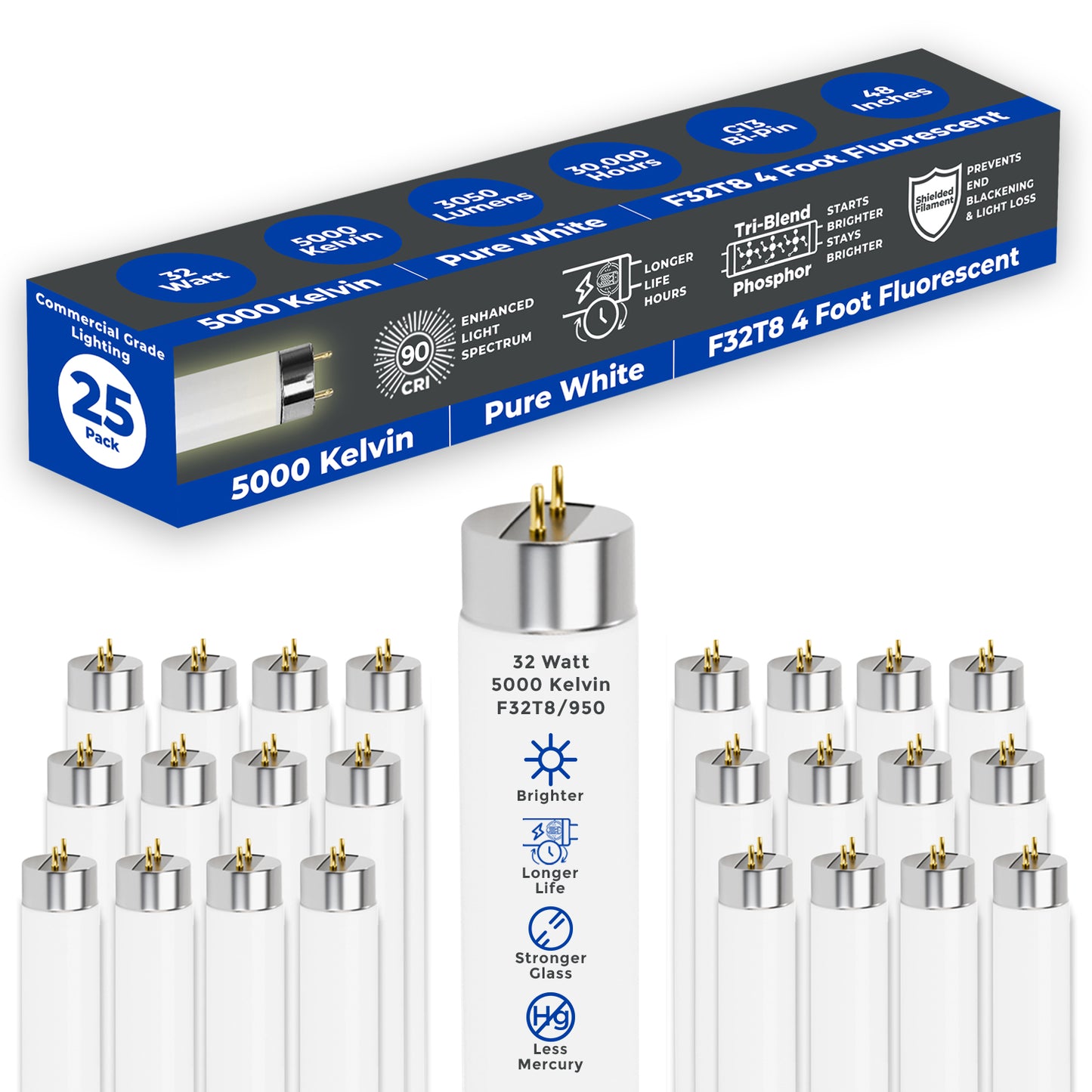 F32T8/950 - 32 Watt 48 Inch T8 Fluorescent Light Bulb - 5000K Pure White - 3050 Lumens - 24,000 Hours