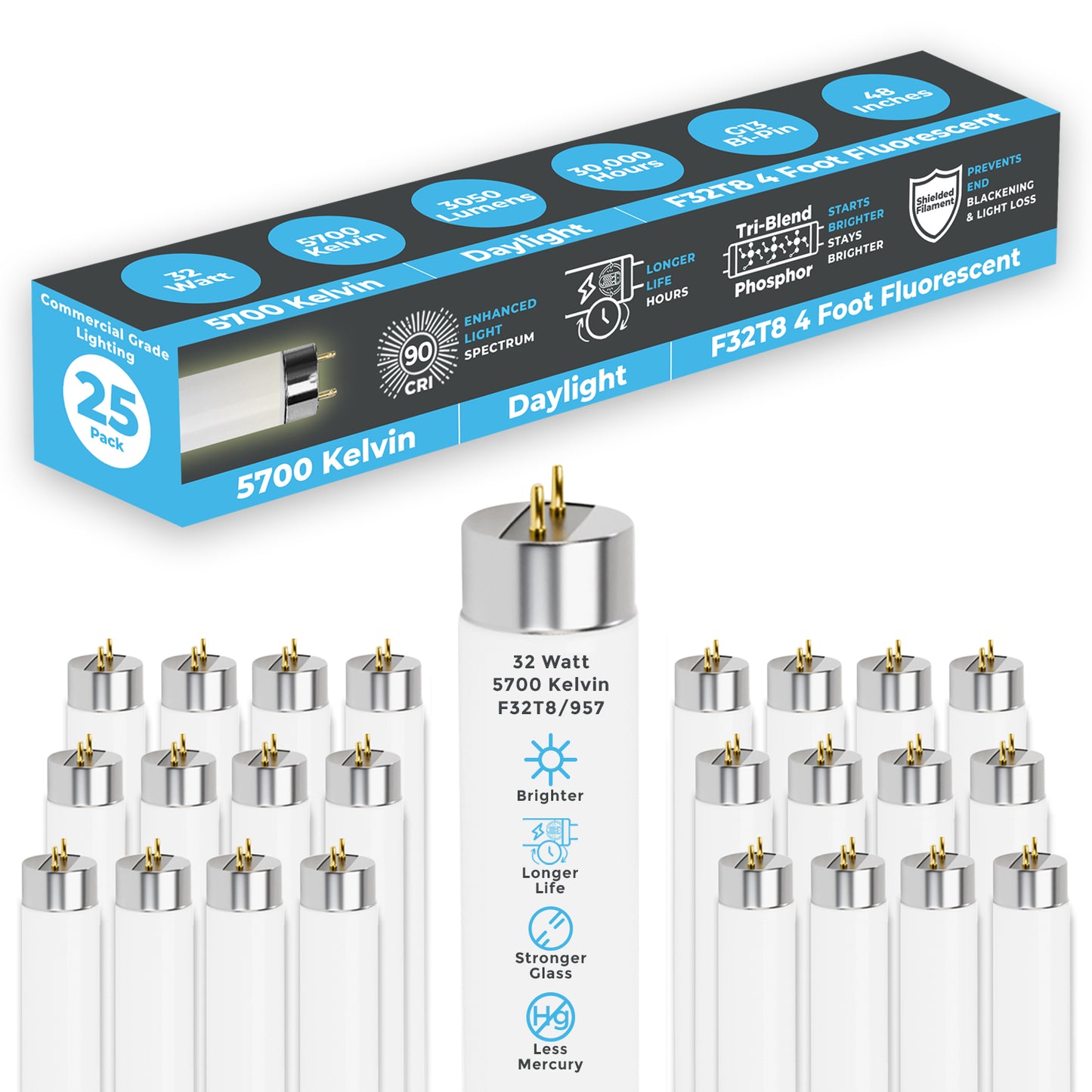 F32T8/957 - 32W 48 Inch T8 Fluorescent Light Bulb - 5700K Daylight - 3050 Lumens - 24,000 Hours