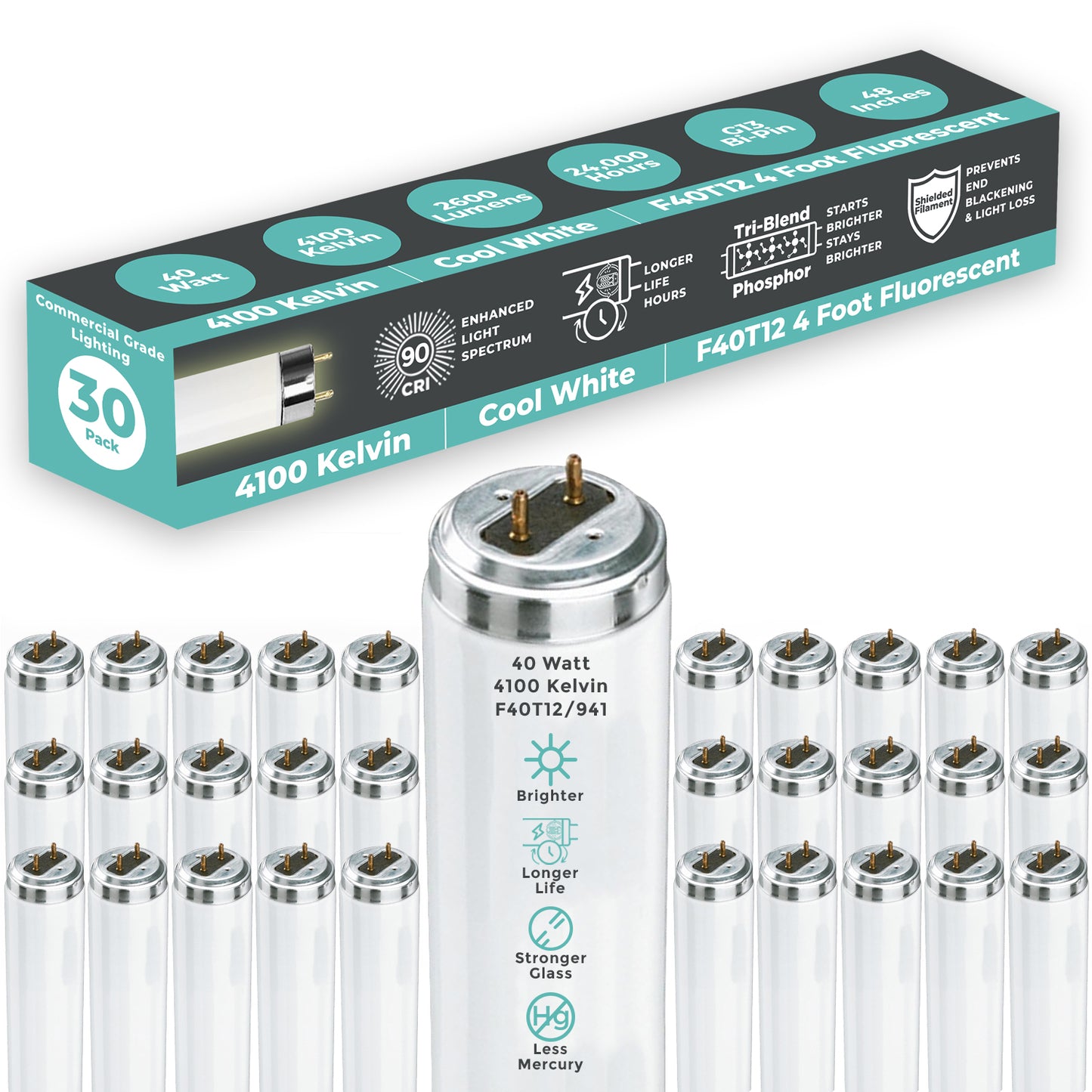 F40T12/941 - 40 Watt 48 Inch T12 Fluorescent Light Bulb - 4100K Cool White - 2600 Lumens - 24,000 Hours