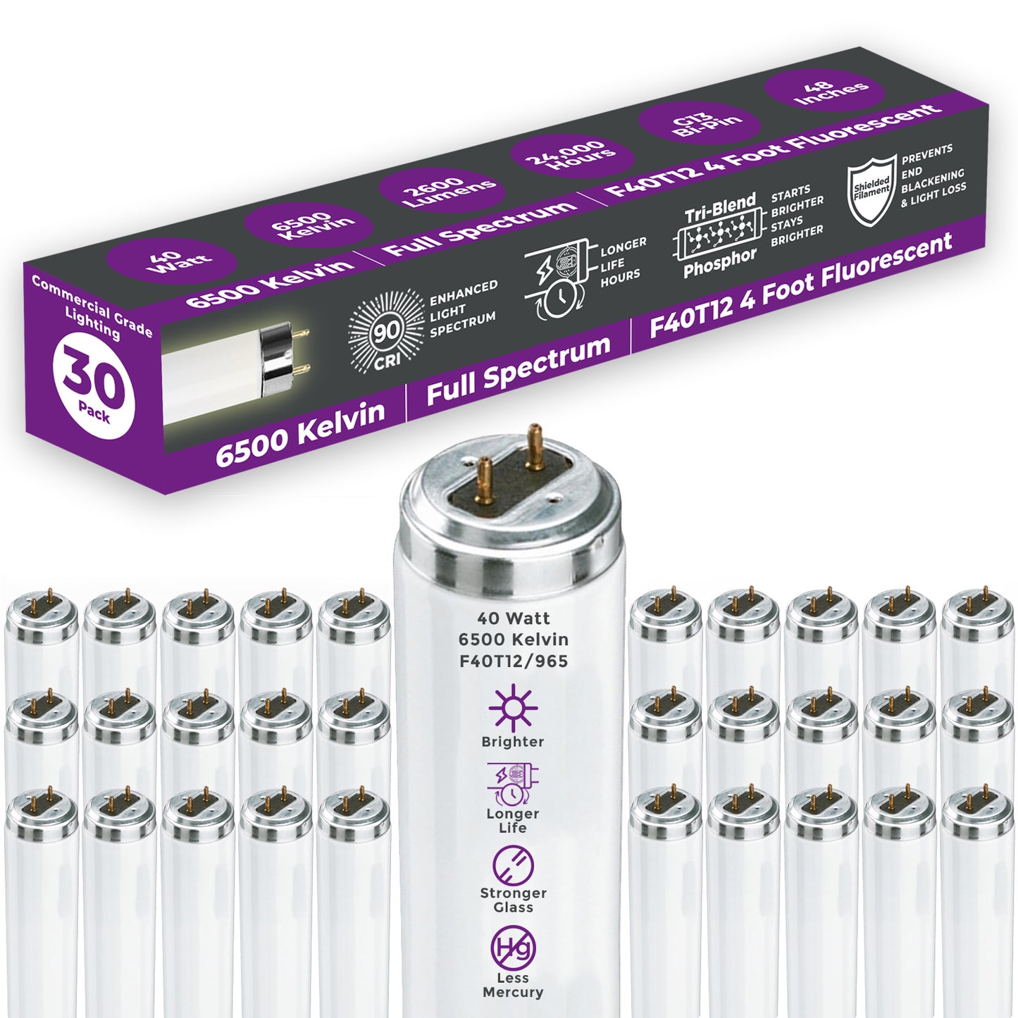 F40T12/965 - 40 Watt 48 Inch T12 Fluorescent Light Bulb - 6500K Full Spectrum - 2600 Lumens - 24,000 Hours