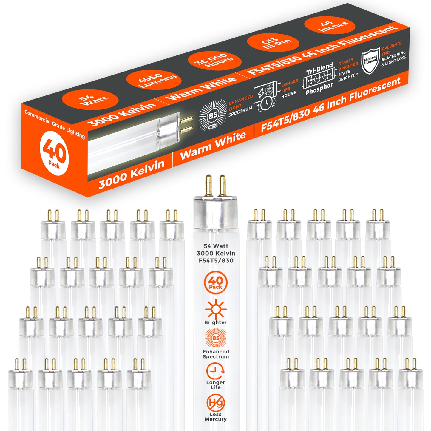F54T5/830 - 54 Watt 46 Inch T8 Fluorescent Light Bulb - 3000K Warm White - 4950 Lumens - 36,000 Hours