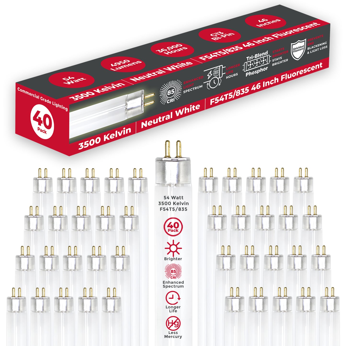 F54T5/835 - 54 Watt 46 Inch T8 Fluorescent Light Bulb - 3500K Neutral White - 4950 Lumens - 36,000 Hours