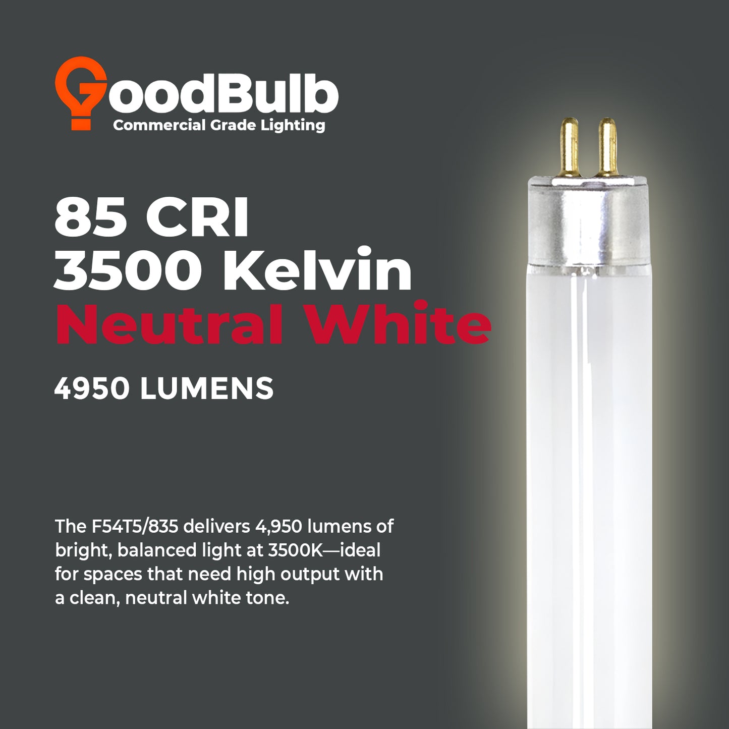 3500K neutral white color temperature – F54T5/835 T5 high output fluorescent lighting tube