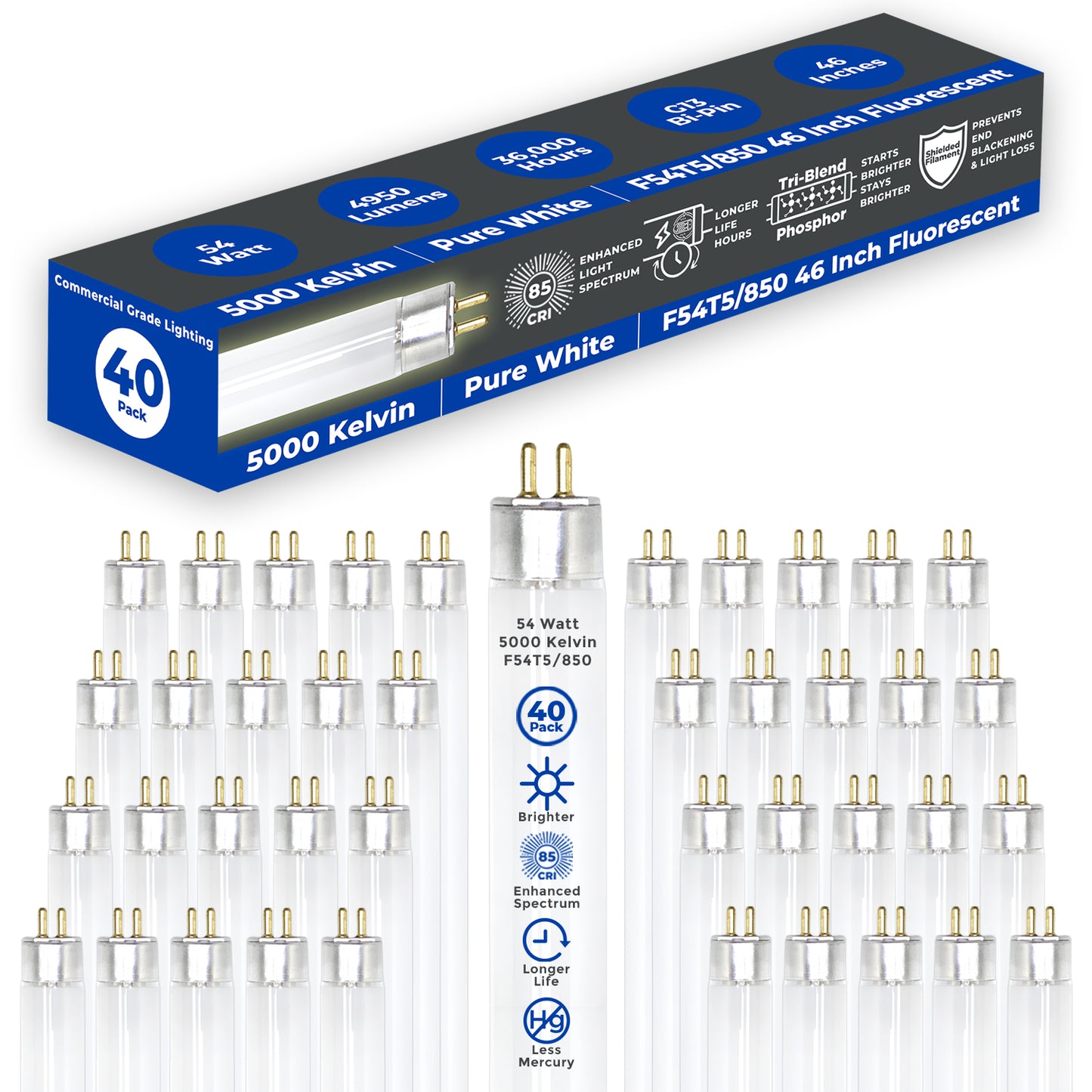 F54T5/850 - 54 Watt 46 Inch T8 Fluorescent Light Bulb - 5000K Pure White - 4950 Lumens - 36,000 Hours