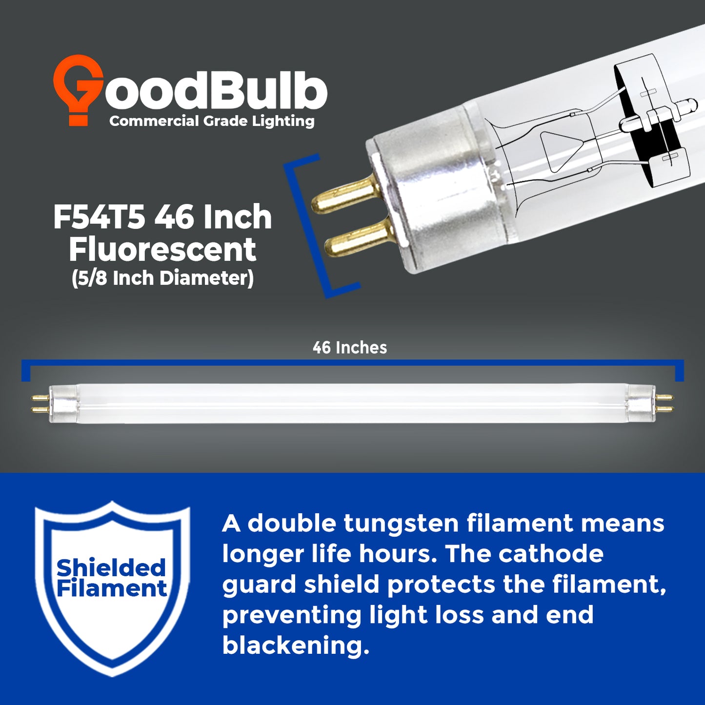 F54T5/850 T5 HO fluorescent bulb dimensions – 54 watt, 46-inch daylight tube size chart