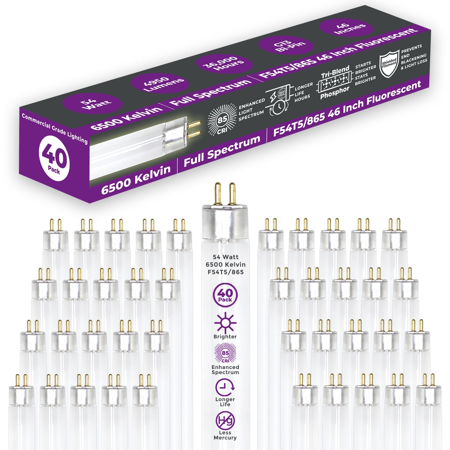 F54T5/865 - 54 Watt 46 Inch T8 Fluorescent Light Bulb - 6500K Full Spectrum - 4950 Lumens - 36,000 Hours