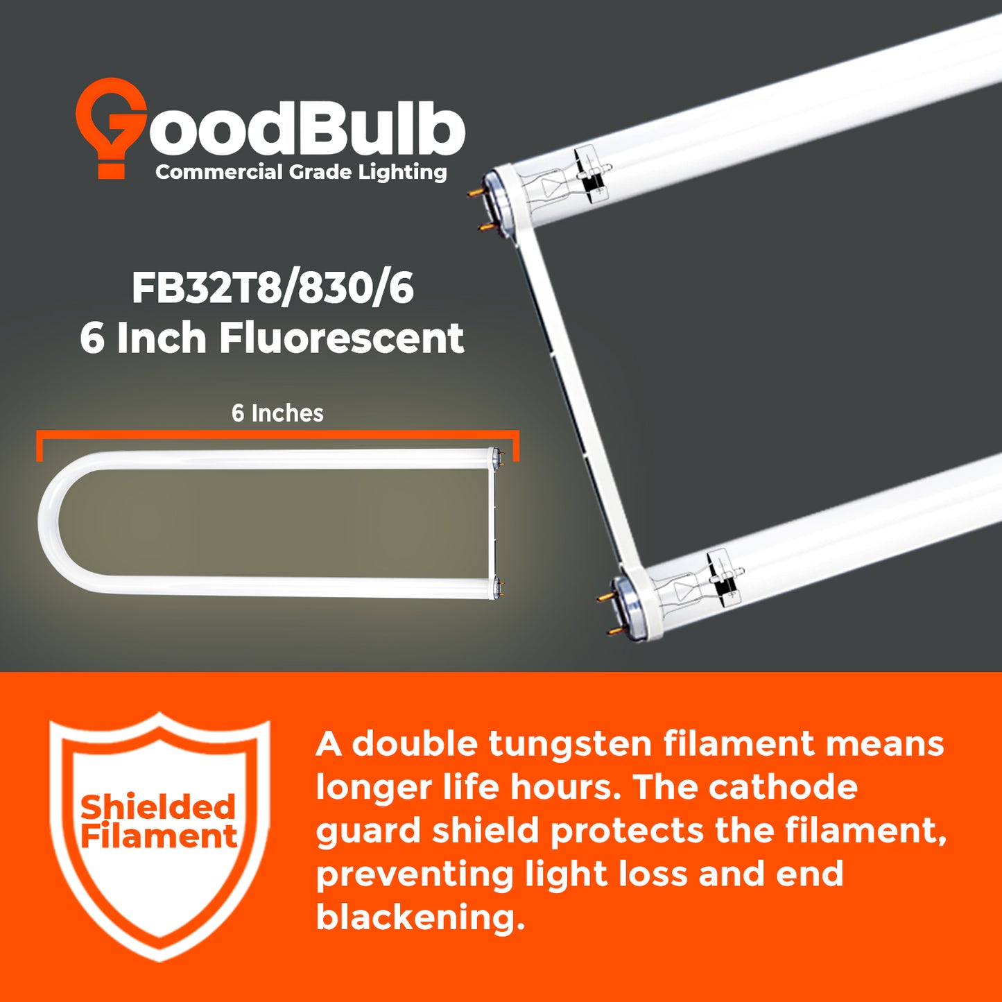 FB32T8/830/6 U-Bend fluorescent tube dimensions with length, diameter, and socket spacing diagram