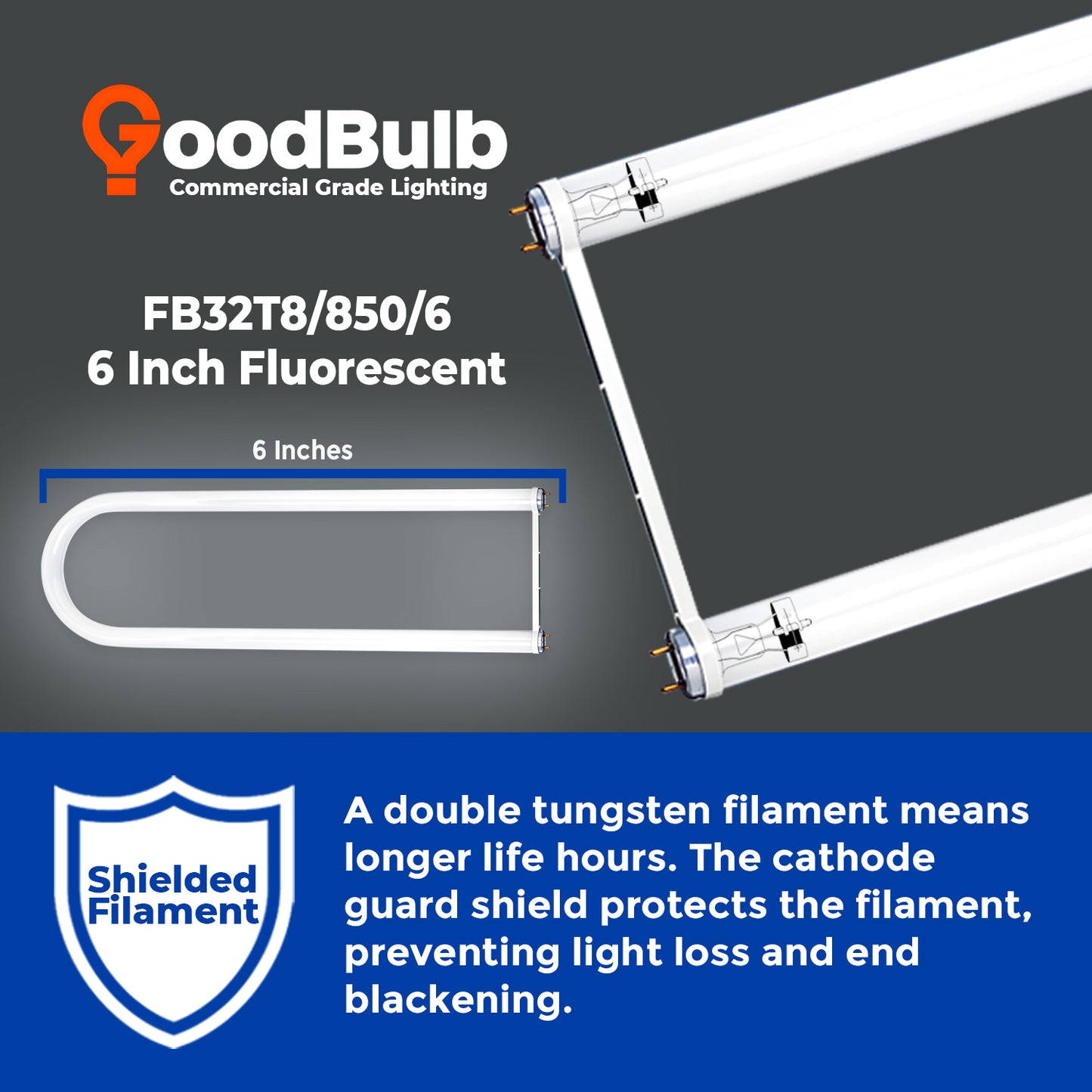 FB32T8/850/6 U-Bend fluorescent tube dimensions diagram with length, bend radius, and socket spacing