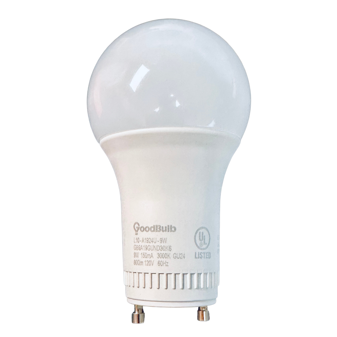 9 watt GU24GoodBulb LED A19 Rough service long-life LEDs. 3000K is a warm, comfortable spectrum of light