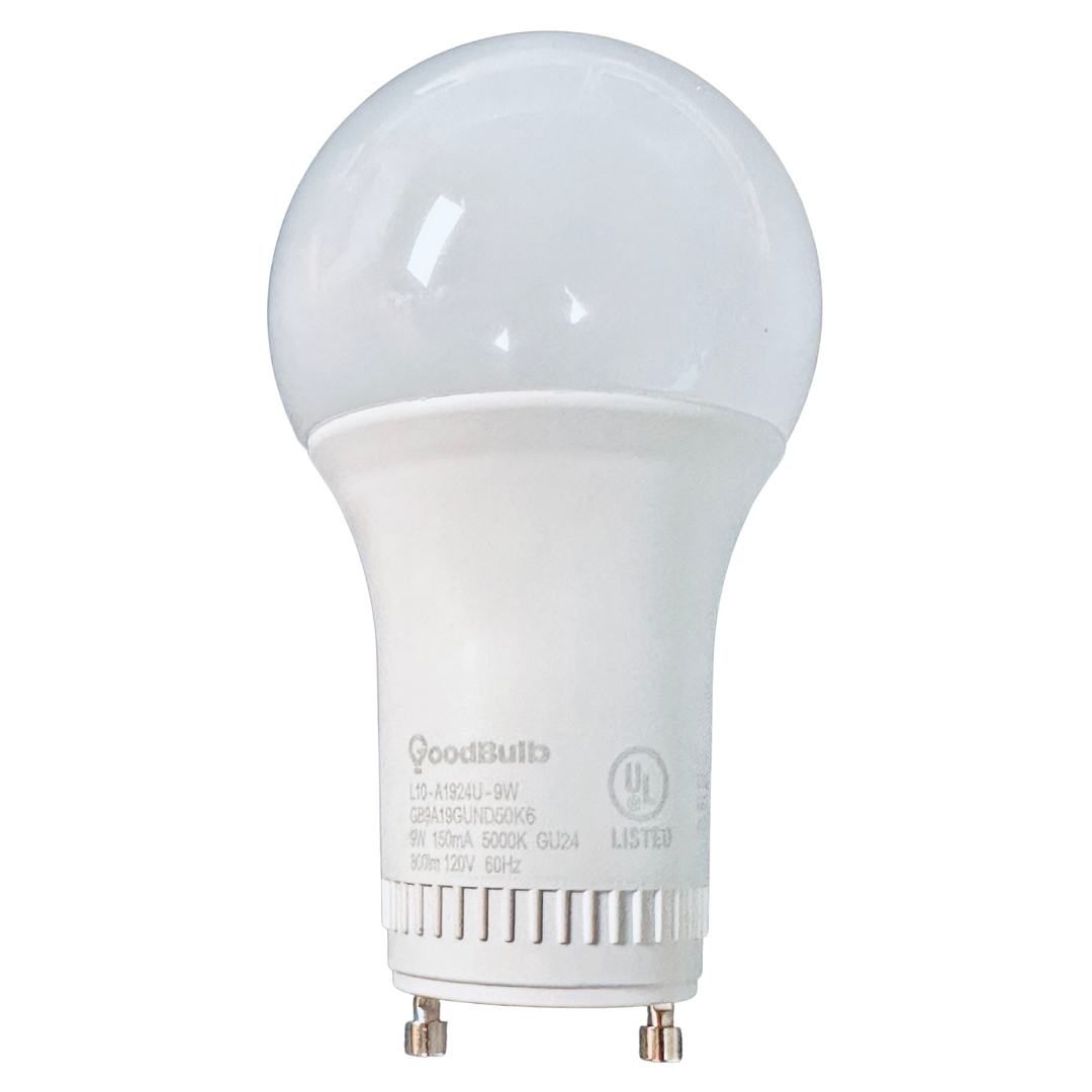 GoodBulb's 9 watt GU24 LED A19 Rough service long-life LEDs. 5000K is a platinum white spectrum of light