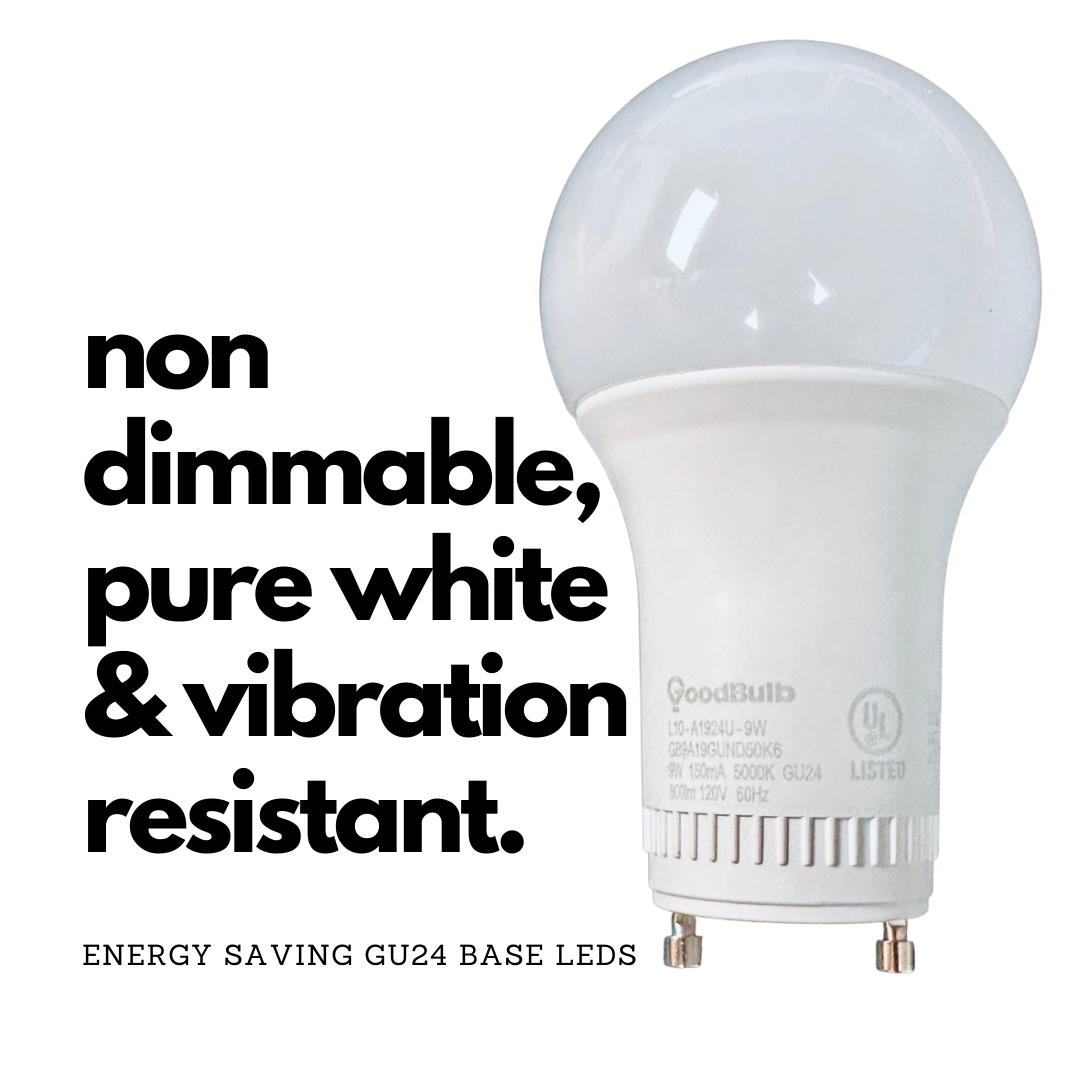 9 watt GU24 LED A19 Rough service long-life LEDs. 5000K is a platinum white spectrum of light. 