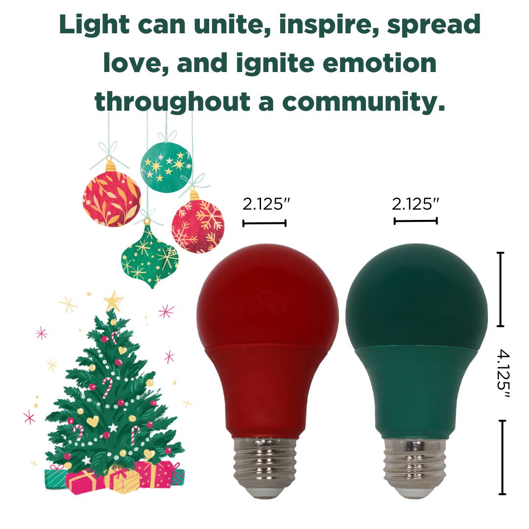 Red and green Christmas LED light bulbs. Can spread holiday spirit throughout a community.  