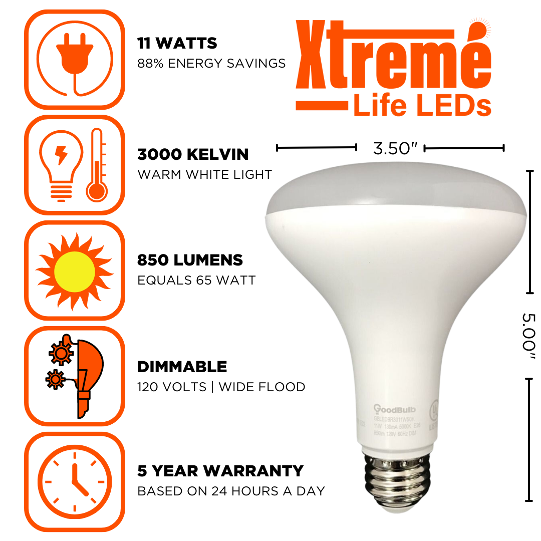BR30 LED light bulb that have 850 lumens and are dimmable. They emit a warm white light and can save on your energy cost.