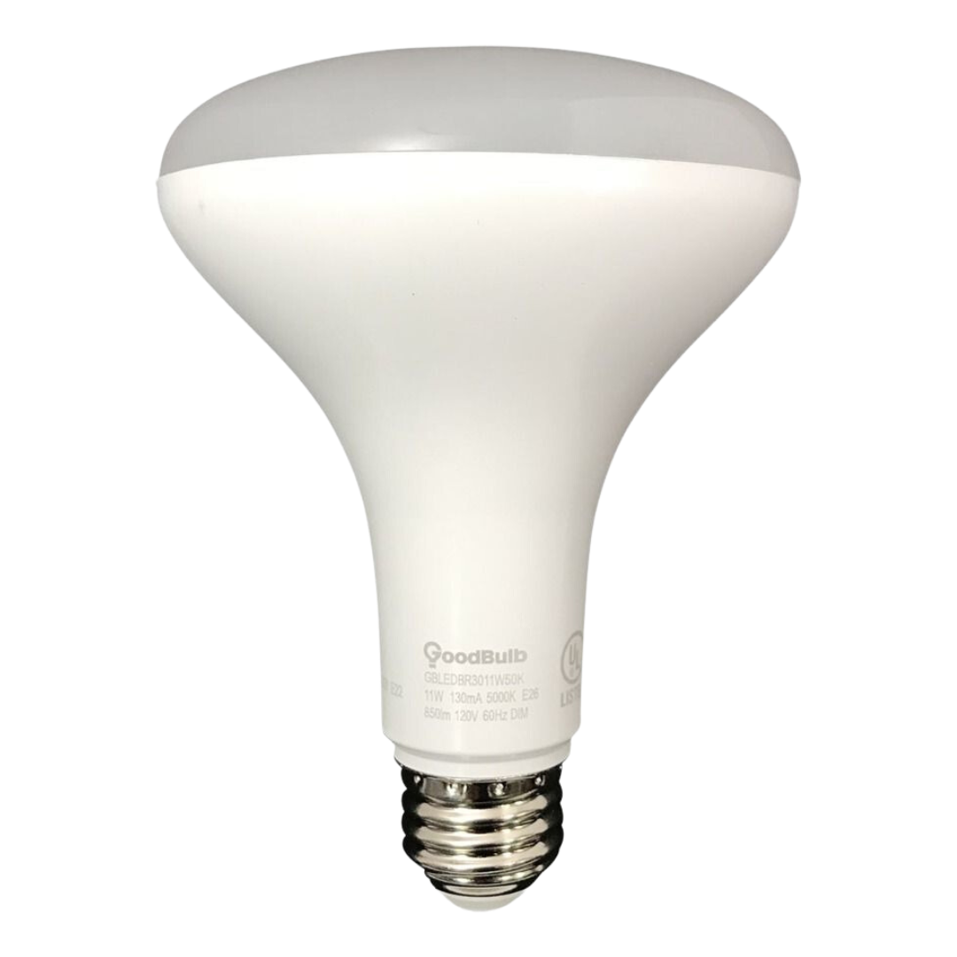 BR30 LED light bulb that have 850 lumens and are dimmable.