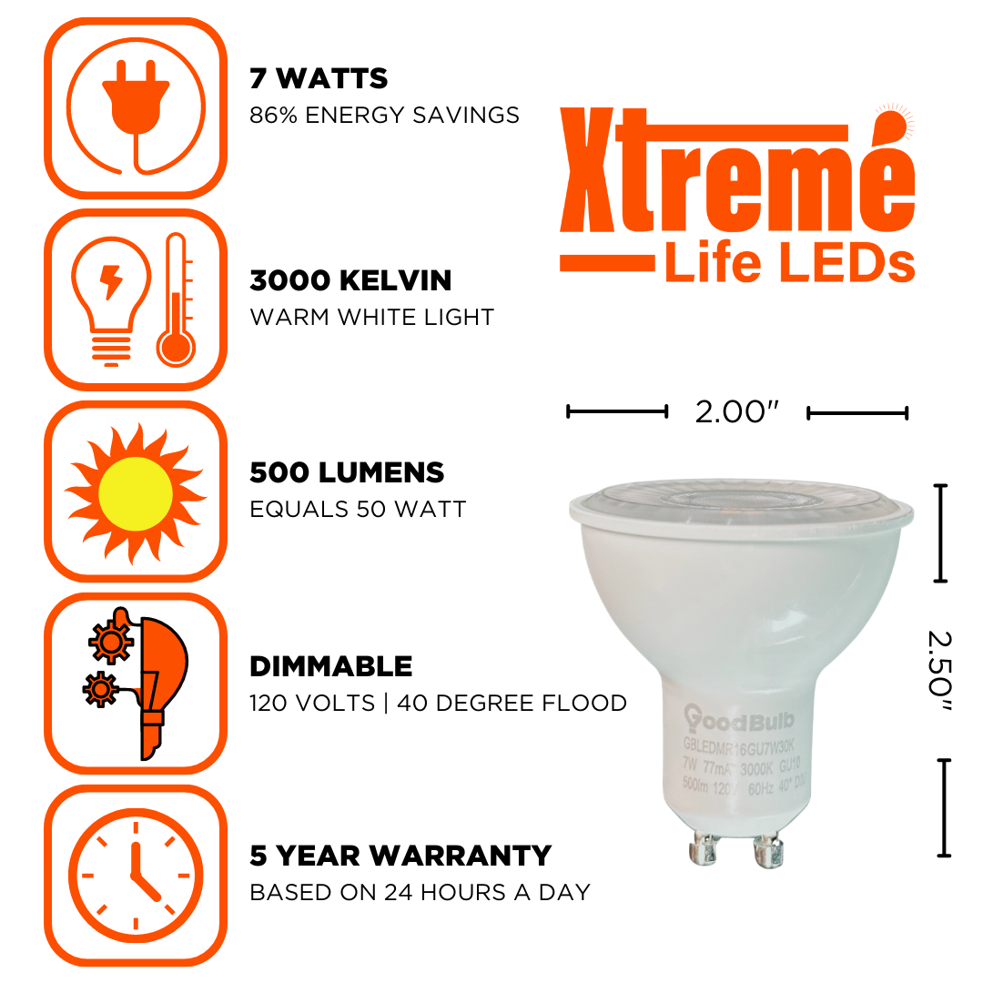 7 watt dimmable LED reflector with a platinum white light and emits 500 lumens. Extreme energy savings and is dimmable.