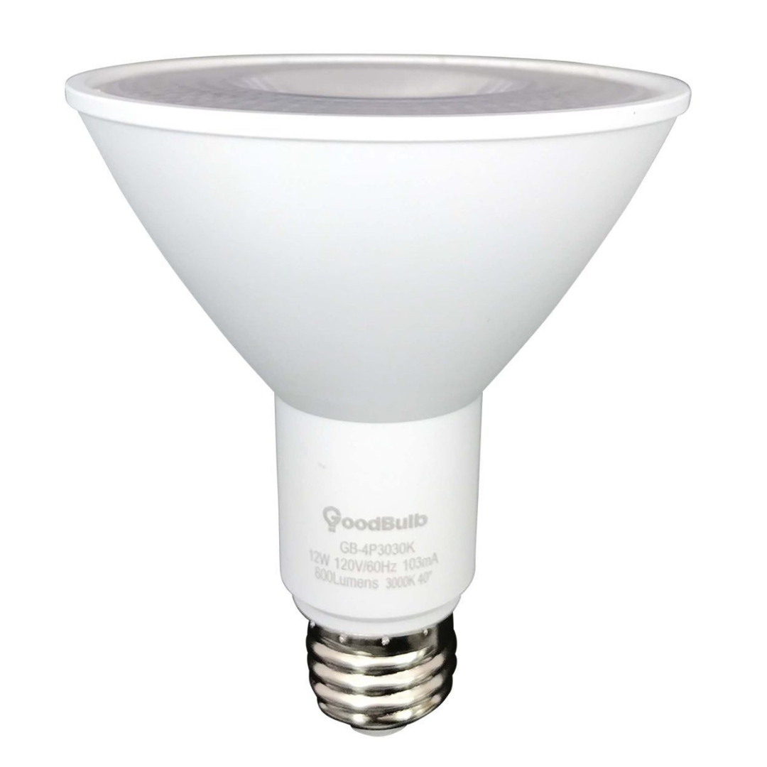 GoodBulb's 12 watt dimmable LED PAR20 sunrise warm white at 800 lumens. Extreme life rough service.