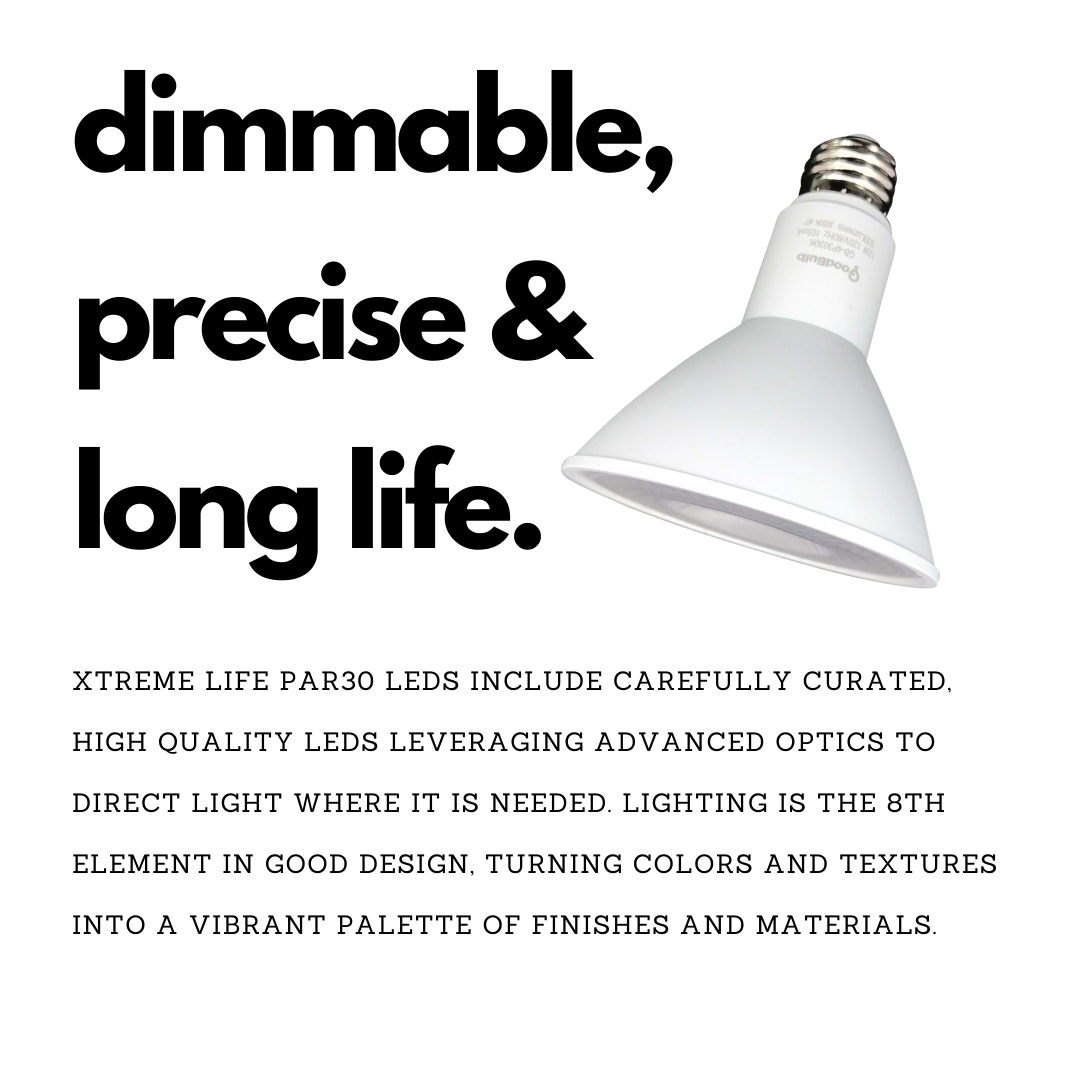 12 watt dimmable LED PAR30 illuminating a platinum pure white at 800 lumens. Has a long lifespan and has precise lighting.