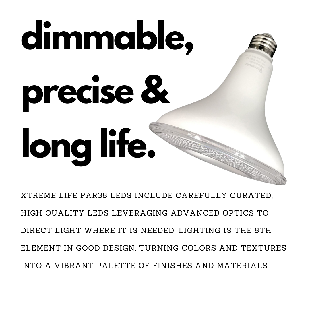Dimmable, precise and long life PAR38 LED with clean, brilliant, white 5000K spectrum from the noonday sun. 25,000 Hours and Dimmable.
