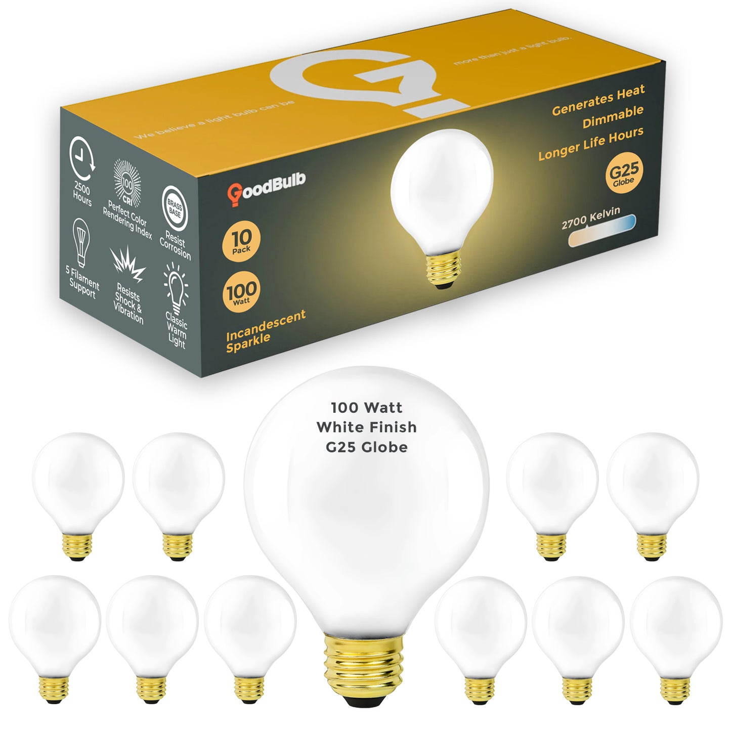 Incandescent Vanity Light Bulb - 100 Watts - G25 Globe - 1300 Lumens - 2500 Life Hours - 120 Volts - E26 Brass Base - White Finish